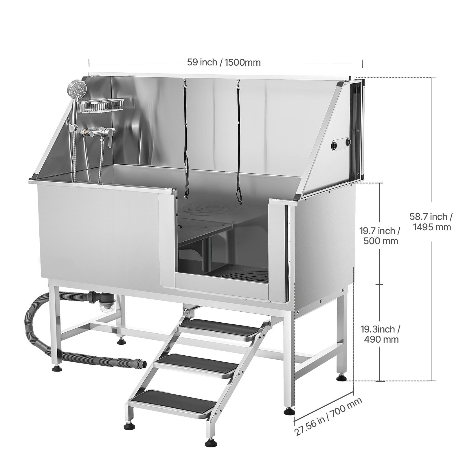 Professional Stainless Steel Dog Washing Station – 62" Grooming Tub with Stairs & Faucet
