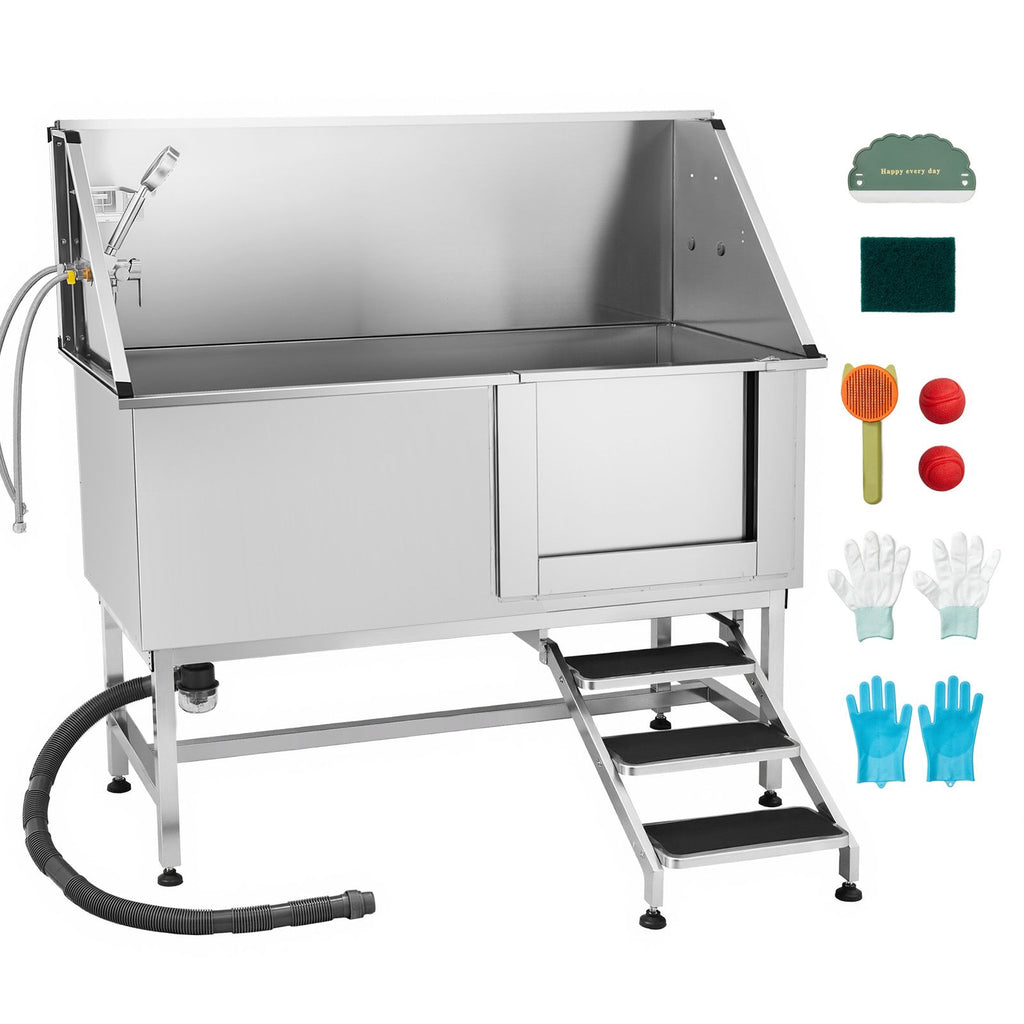 Professional Stainless Steel Dog Washing Station – 62" Grooming Tub with Stairs & Faucet