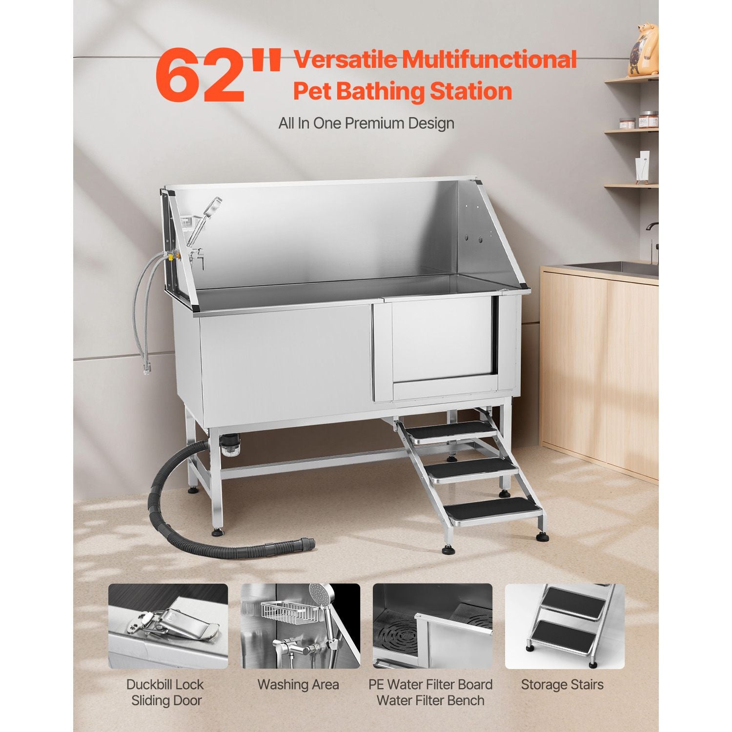 Professional Stainless Steel Dog Washing Station – 62" Grooming Tub with Stairs & Faucet