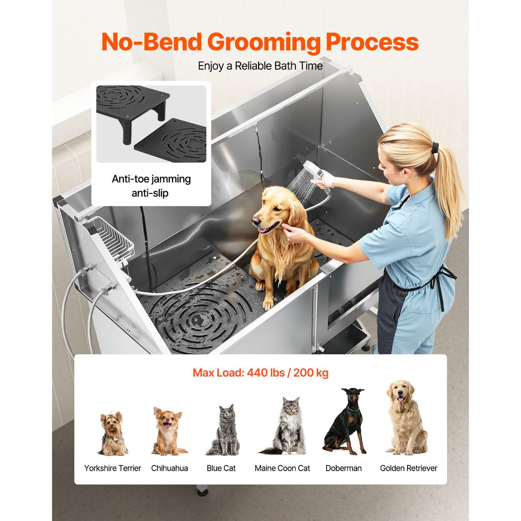 Professional Stainless Steel Dog Washing Station – 62" Grooming Tub with Stairs & Faucet