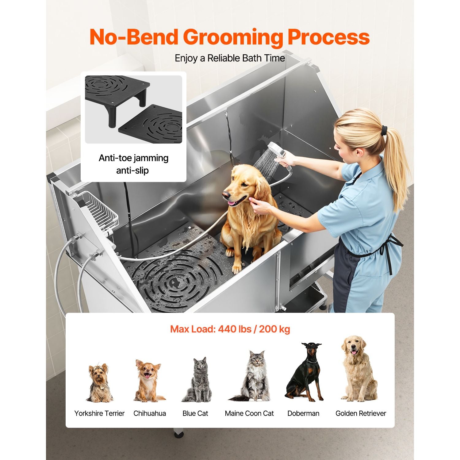 Professional Stainless Steel Dog Washing Station – 62" Grooming Tub with Stairs & Faucet