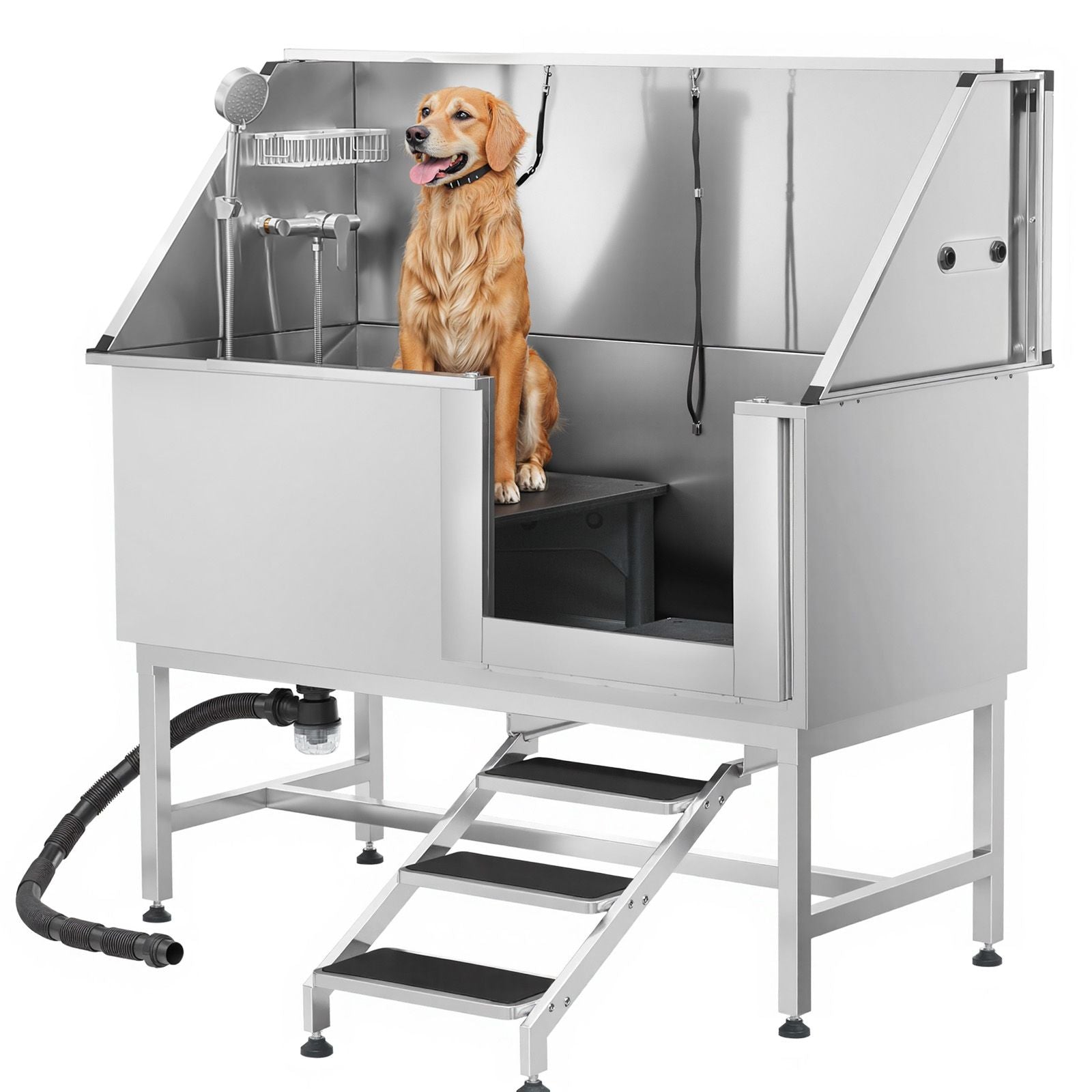 Professional Stainless Steel Dog Washing Station – 62" Grooming Tub with Stairs & Faucet