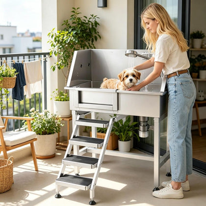 Elevated Stainless structured Dog Grooming Tub with Dual-Control Faucets
