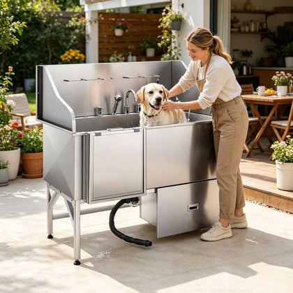 Streamlined Stainless structured Dog Washing Station with Foldable Ramp and Non-Slip Filter Board
