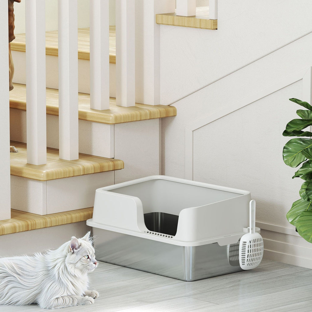 Stainless Steel Litter Box with High Side, Scoop, Easy Cleaning & Anti-Urine Leakage, for Big Cats, Light Gray