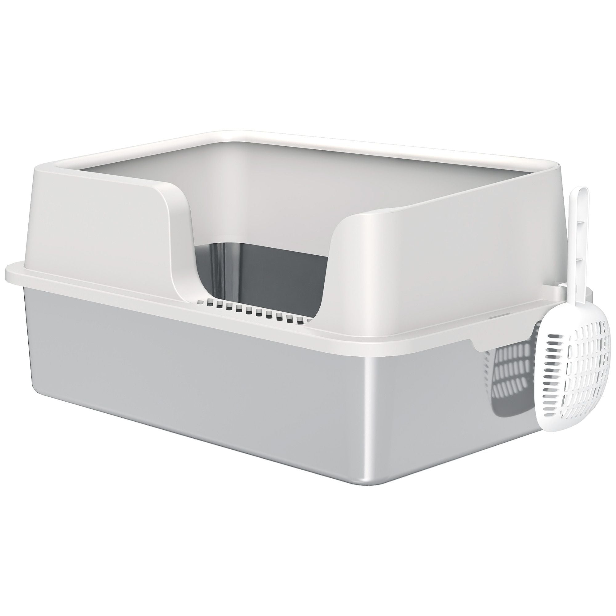 Stainless Steel Litter Box with High Side, Scoop, Easy Cleaning & Anti-Urine Leakage, for Big Cats, Light Gray