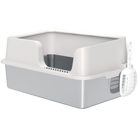 Stainless Steel Litter Box with High Side, Scoop, Easy Cleaning & Anti-Urine Leakage, for Big Cats, Light Gray