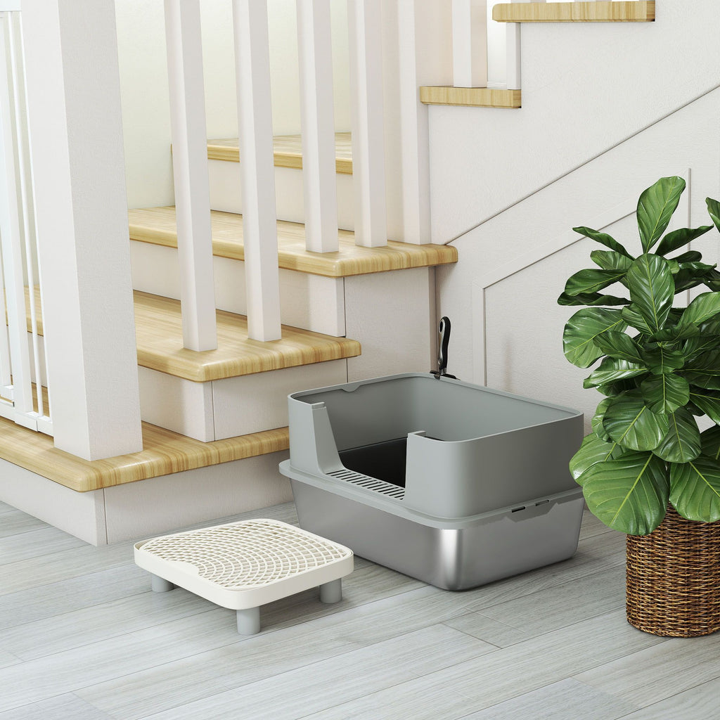 Stainless Steel Litter Box with High Sides, Metal Cat Litter Box with Scoop, Pedal, Anti-Urine Leakage, Non-Sticky