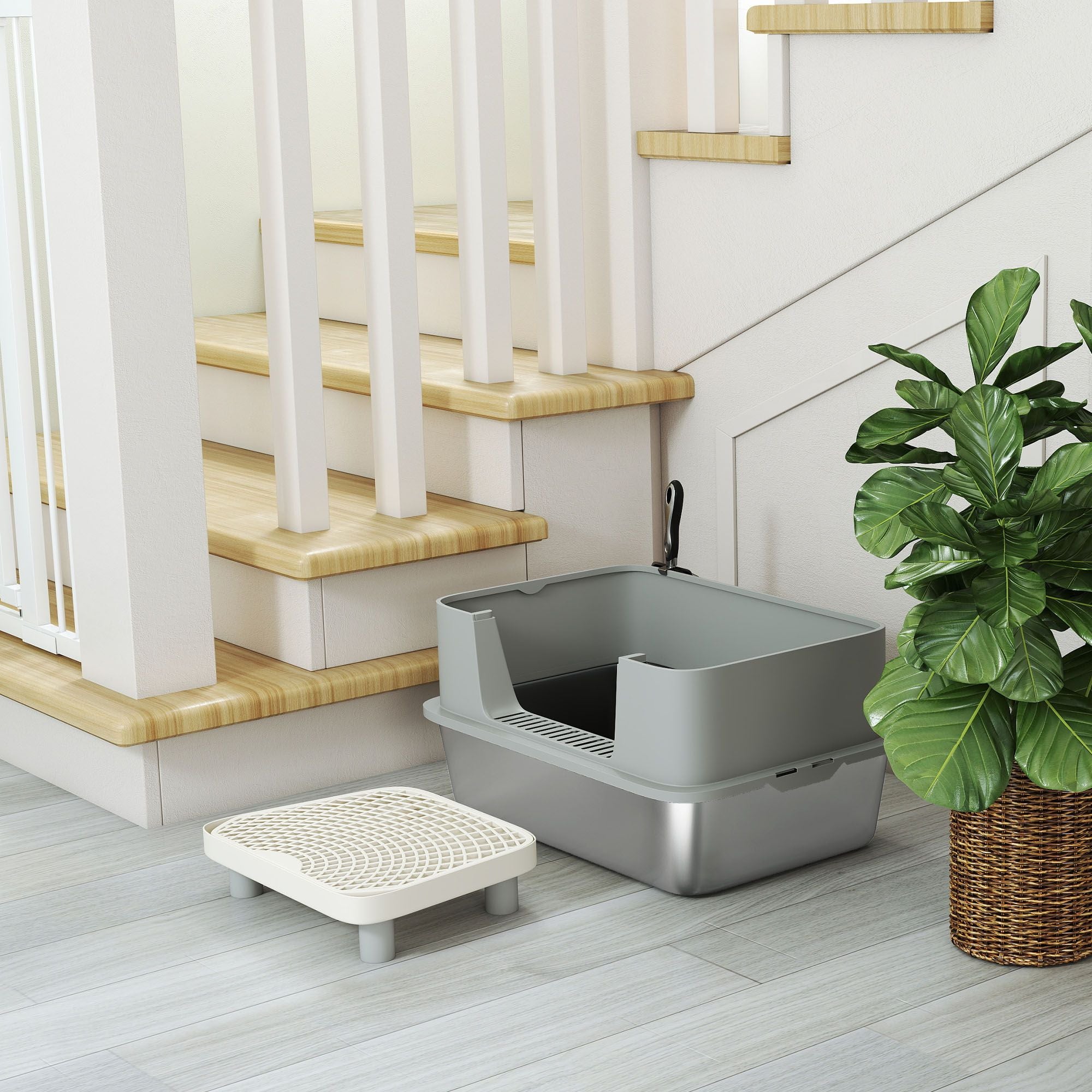 Stainless Steel Litter Box with High Sides, Metal Cat Litter Box with Scoop, Pedal, Anti-Urine Leakage, Non-Sticky