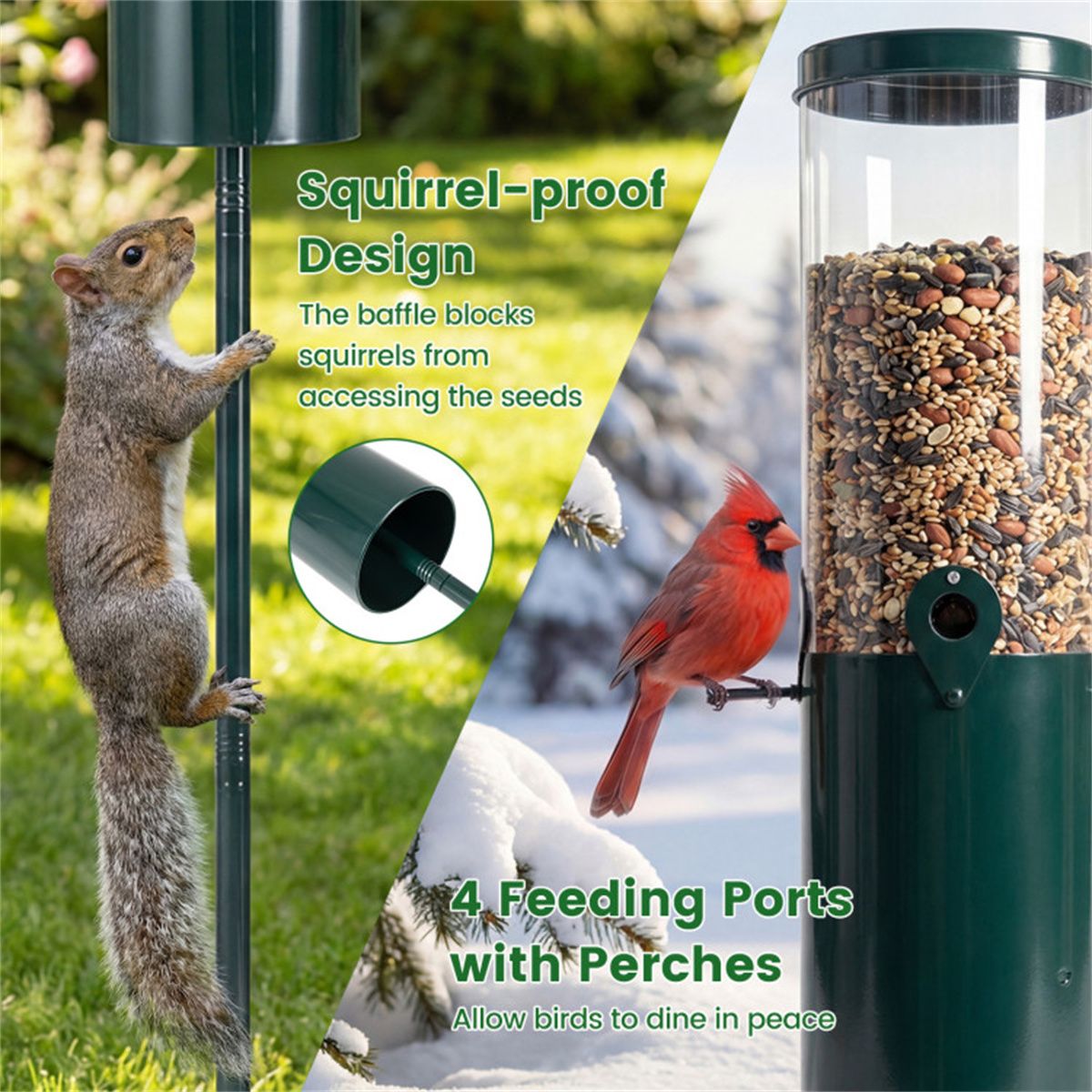 Standing Bird Feeder Squirrel-Proof, 4 Feeding Ports with Perches practical structured & PC Construction