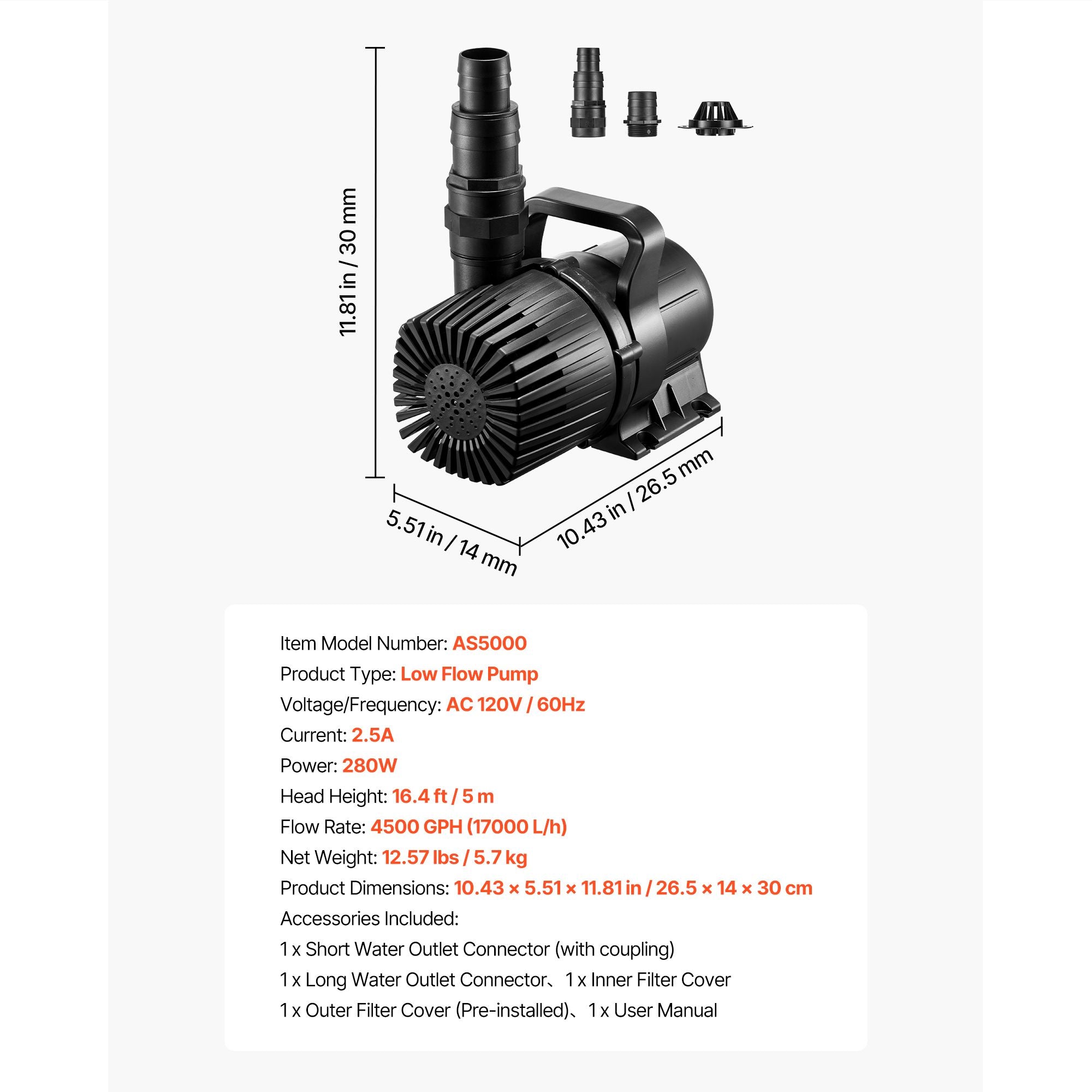 High Flow Submersible Water Pump 4500GPH with IP68 water-ready Design