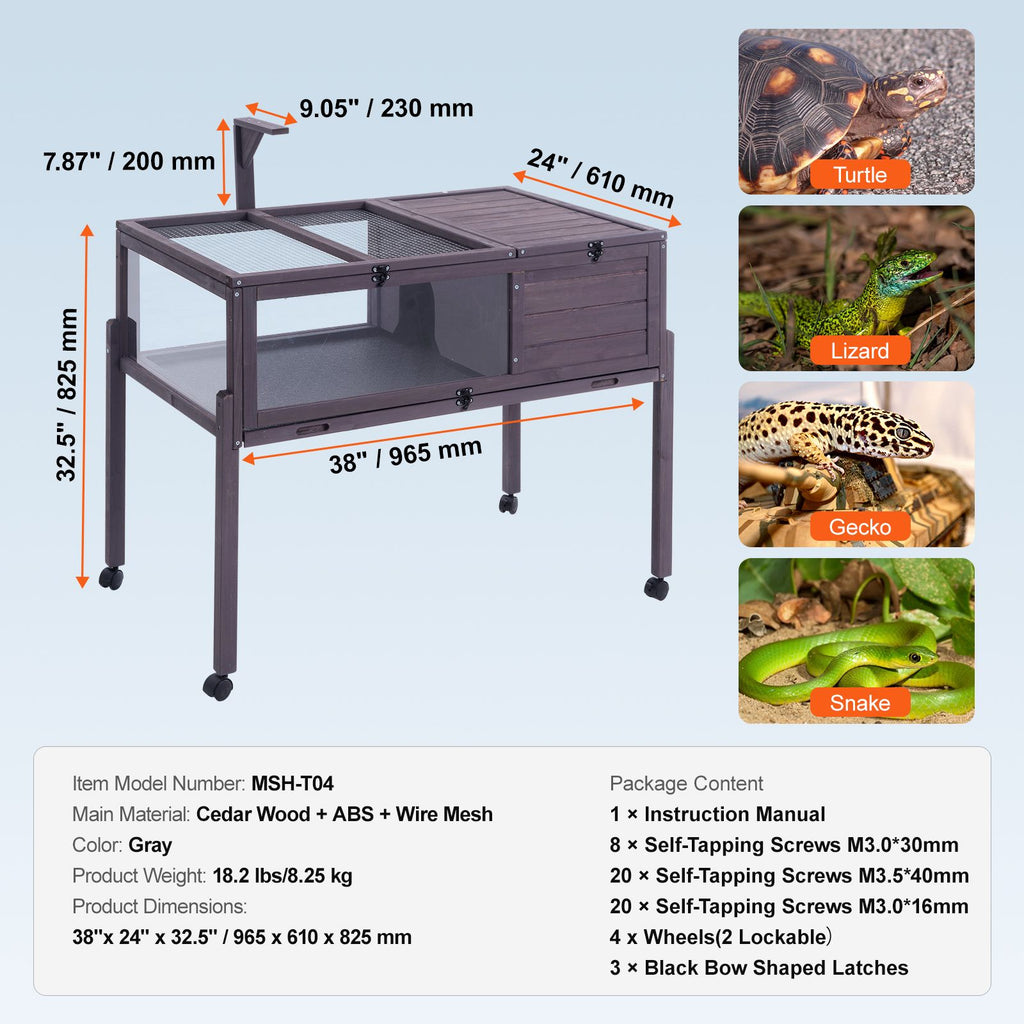 Tortoise Habitat, Wooden Tortoise House Indoor & Outdoor, Rolling Tortoise Enclosure with Light Stand, Reptile Enclosure Small Animal Cage with Stand Legs, Wheels, for Gecko, Lizard, Snake