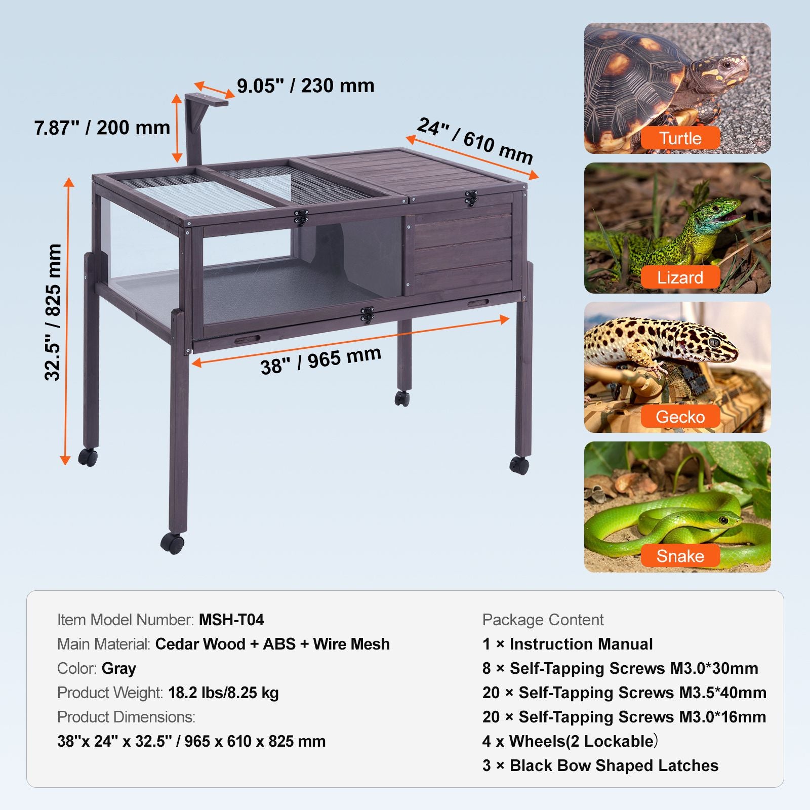 Tortoise Habitat, Wooden Tortoise House Indoor & Outdoor, Rolling Tortoise Enclosure with Light Stand, Reptile Enclosure Small Animal Cage with Stand Legs, Wheels, for Gecko, Lizard, Snake