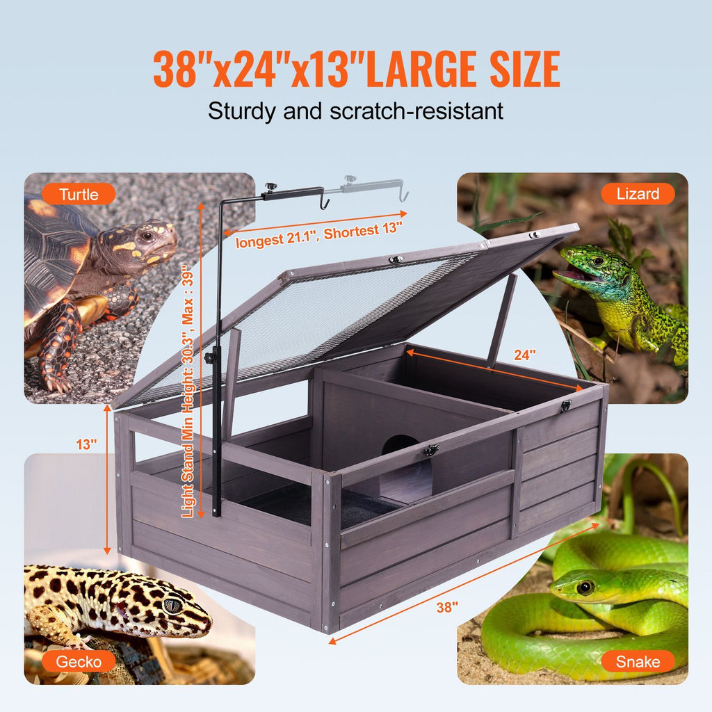 Tortoise Habitat, Wooden Tortoise House Indoor & Outdoor, Tortoise Enclosure with Adjustable Lamp Holder, 2-Room Reptile Enclosure Small Animal Cage for Gecko, Lizard, Snake 38x24x13 inch