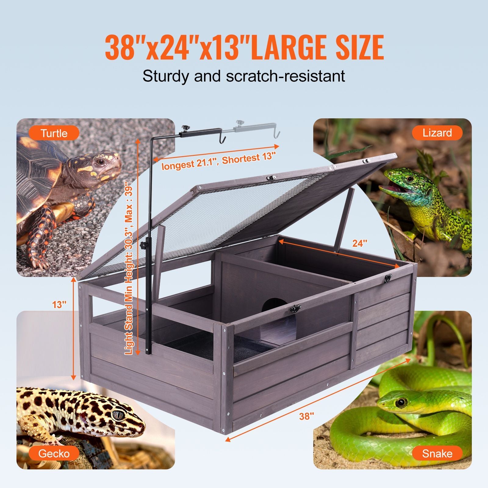 Tortoise Habitat, Wooden Tortoise House Indoor & Outdoor, Tortoise Enclosure with Adjustable Lamp Holder, 2-Room Reptile Enclosure Small Animal Cage for Gecko, Lizard, Snake 38x24x13 inch