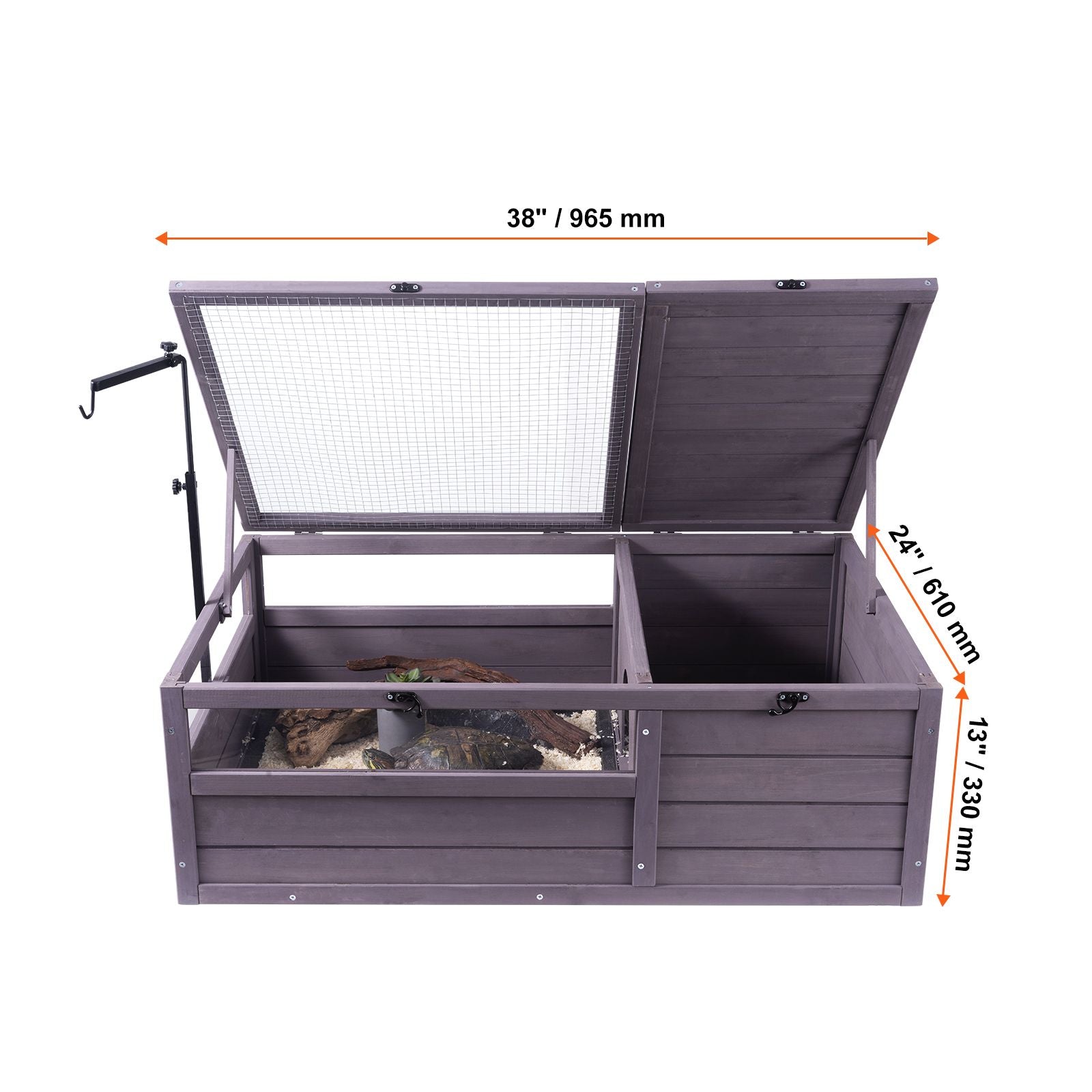 Tortoise Habitat, Wooden Tortoise House Indoor & Outdoor, Tortoise Enclosure with Adjustable Lamp Holder, 2-Room Reptile Enclosure Small Animal Cage for Gecko, Lizard, Snake 38x24x13 inch