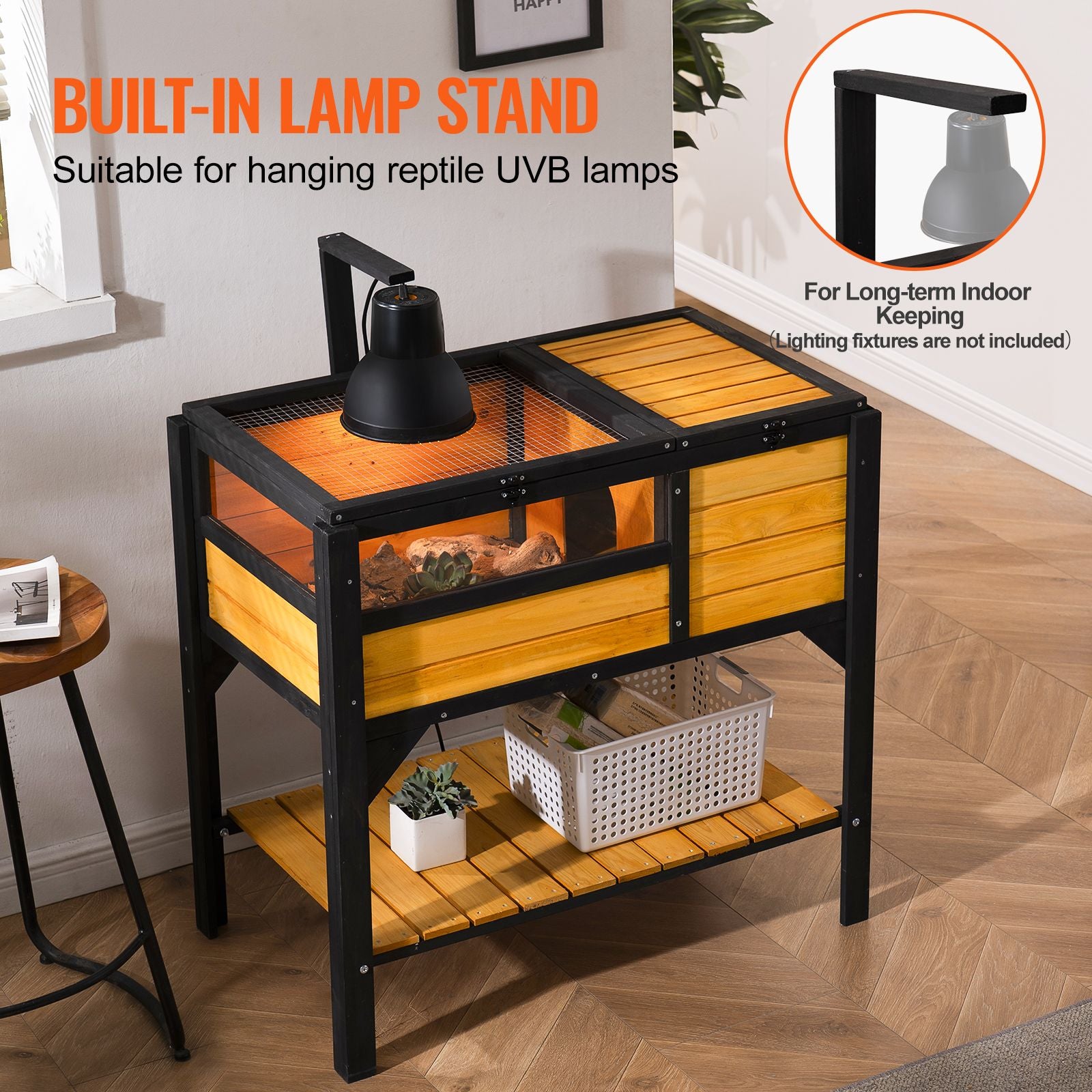 Tortoise Habitat, Wooden Tortoise House Indoor & Outdoor, Tortoise Enclosure with Light Stand, Reptile Enclosure Small Animal Cage with Stand Legs for Gecko, Lizard, Snake
