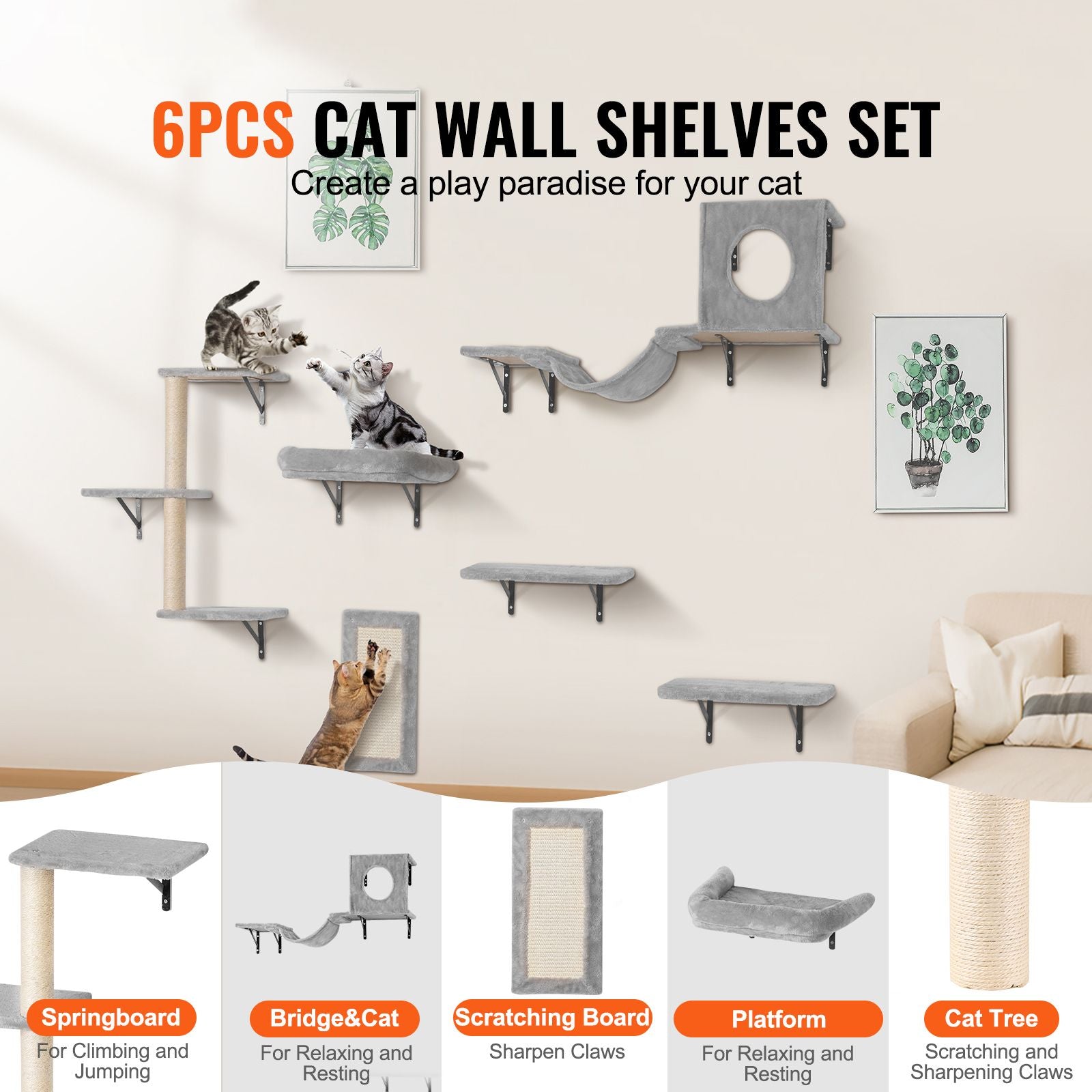 Give Your Cat a Vertical Playground with This 6-Piece Wall Shelf Set