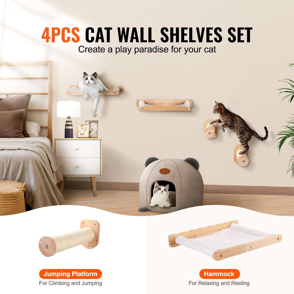 Wall Mounted Cat Shelves, Cat Wall Shelves and Perches with Jumping Posts & Hammocks, Cat Furniture Set up to 40 lbs, Removable & Washable Coral Fleece for Sleeping, Playing, Climbing, Set of 4
