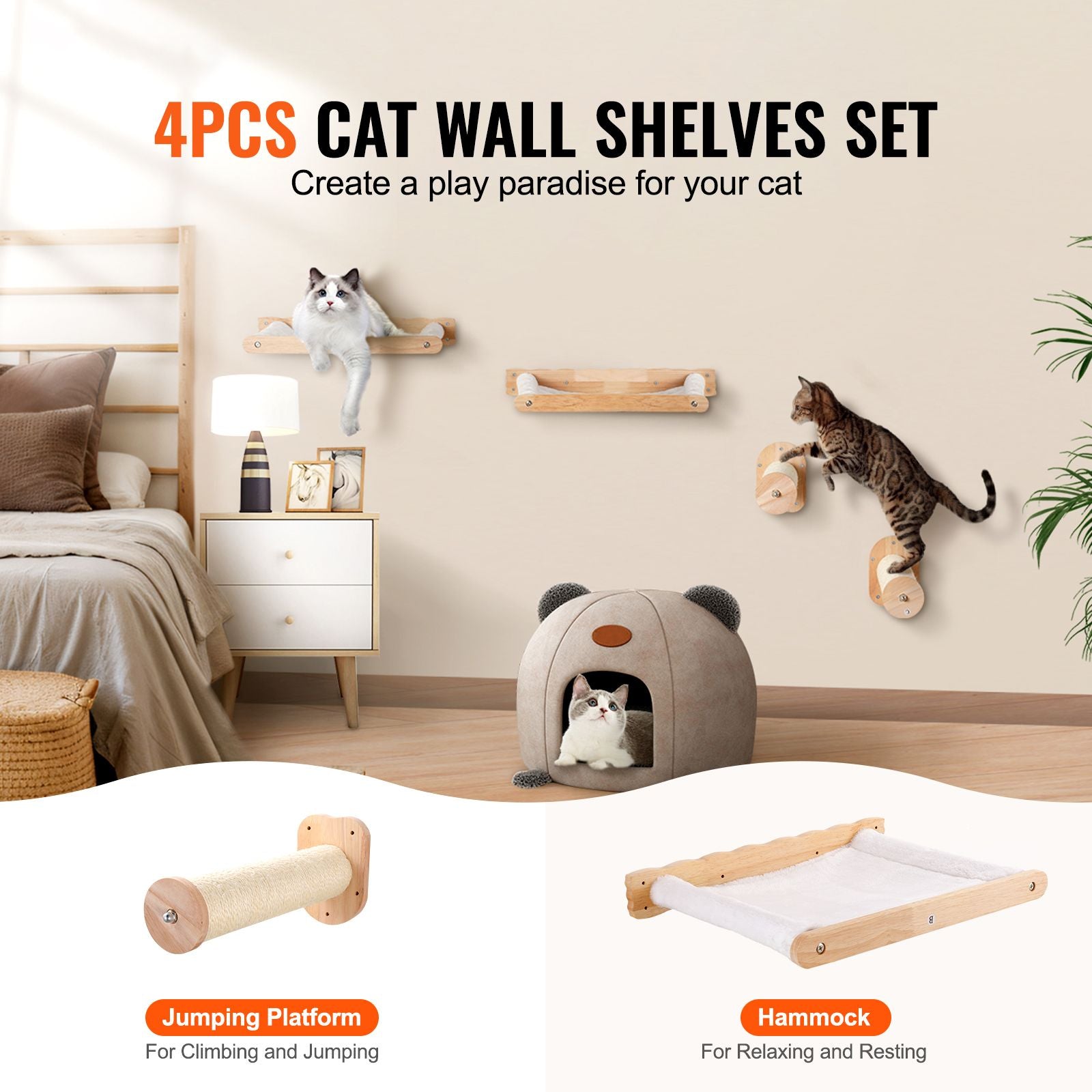 Wall Mounted Cat Shelves, Cat Wall Shelves and Perches with Jumping Posts & Hammocks, Cat Furniture Set up to 40 lbs, Removable & Washable Coral Fleece for Sleeping, Playing, Climbing, Set of 4