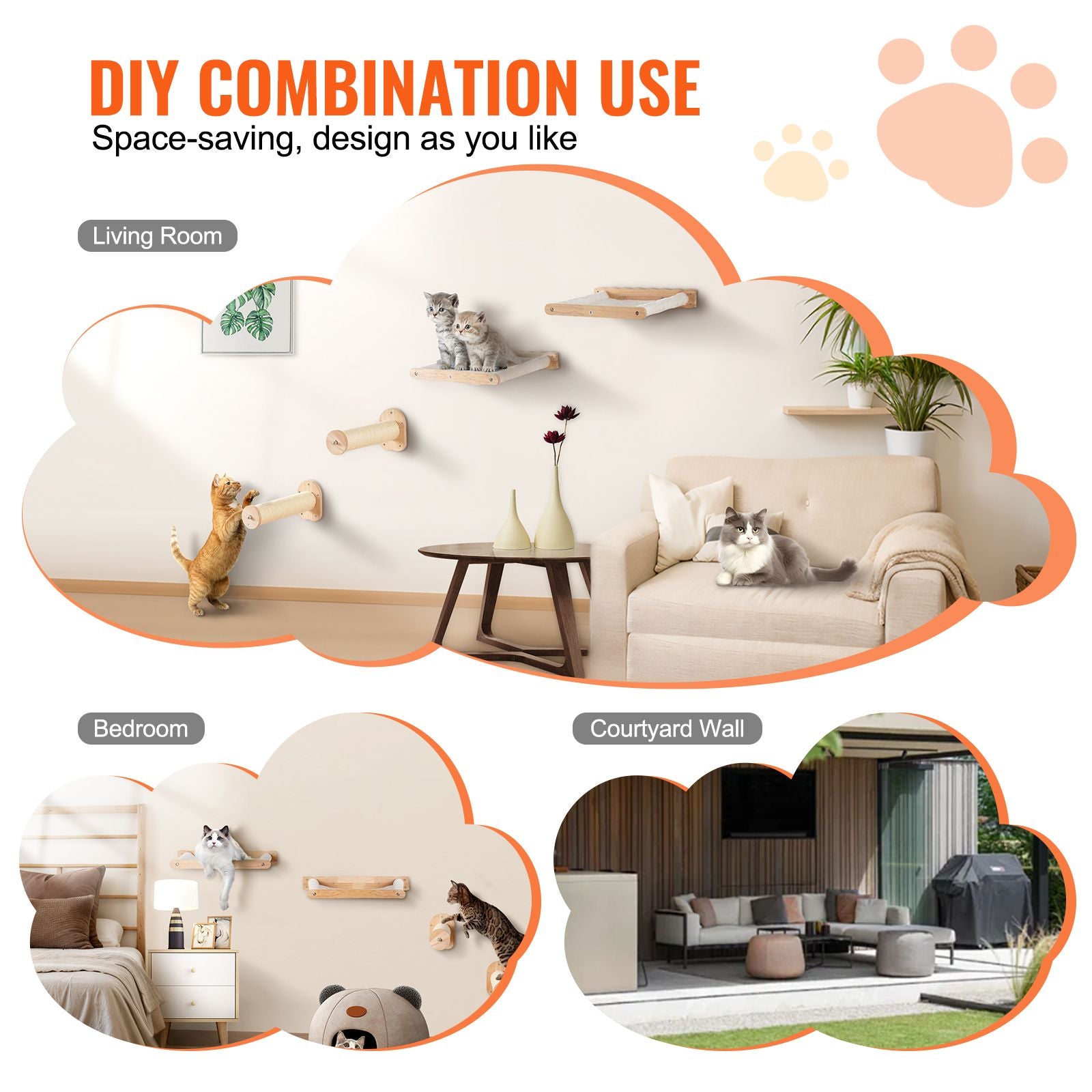 Wall Mounted Cat Shelves, Cat Wall Shelves and Perches with Jumping Posts & Hammocks, Cat Furniture Set up to 40 lbs, Removable & Washable Coral Fleece for Sleeping, Playing, Climbing, Set of 4