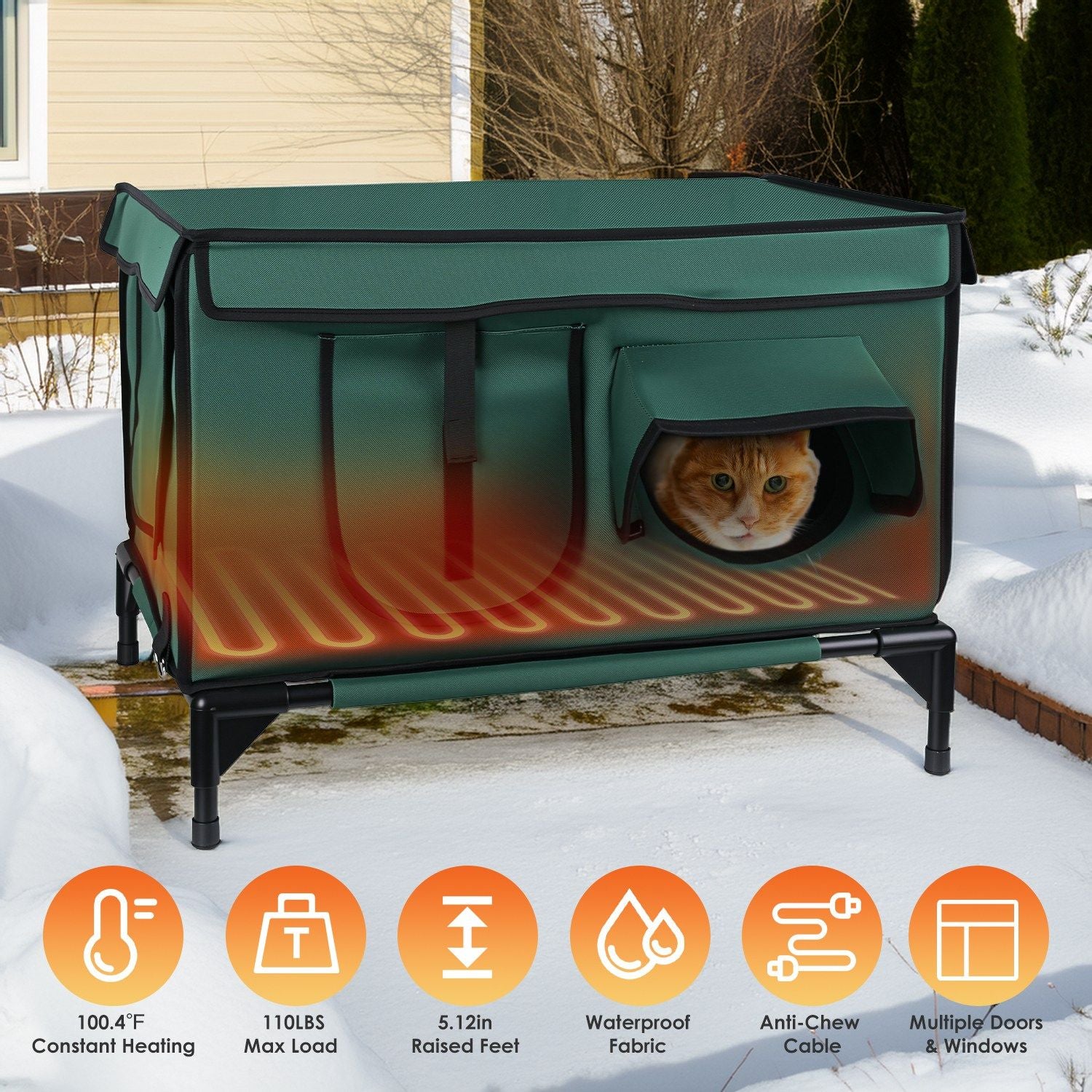 water-ready Heated Cat House Outdoor Weatherproof Insulated Kitty Shelter Feral Cat Heating Bed with