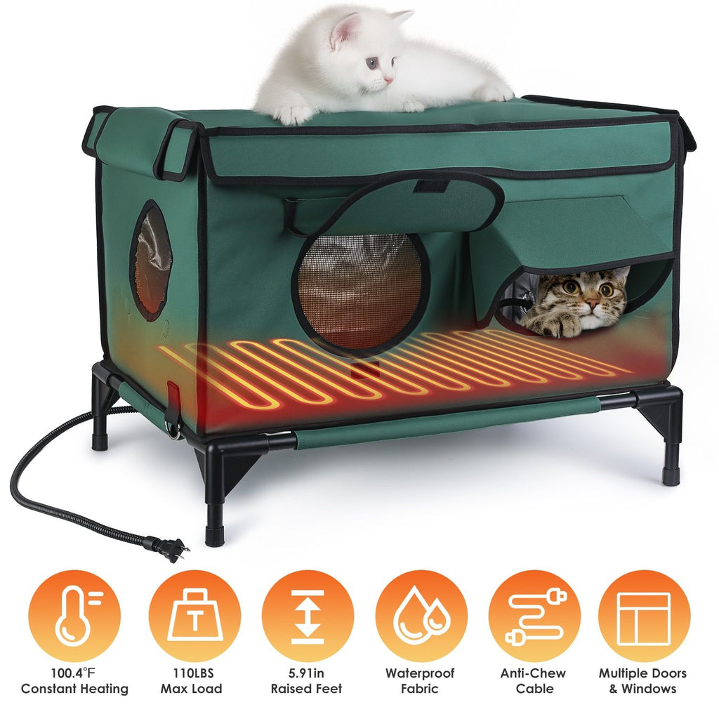 Heated water-ready Cat House with Built-in Warming Pad for Year-Round Comfort
