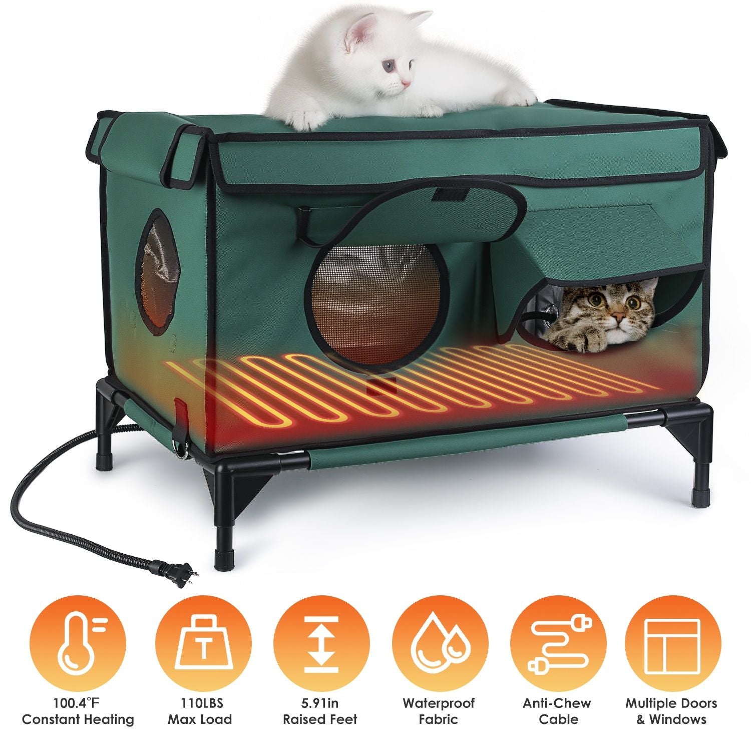 Heated water-ready Cat House with Built-in Warming Pad for Year-Round Comfort