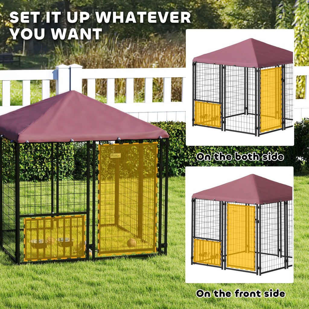 Welded Wire Outdoor Dog Kennel with 360° Rotating & 4 Levels Adjustable Bowls, water-ready Cover, 4.6