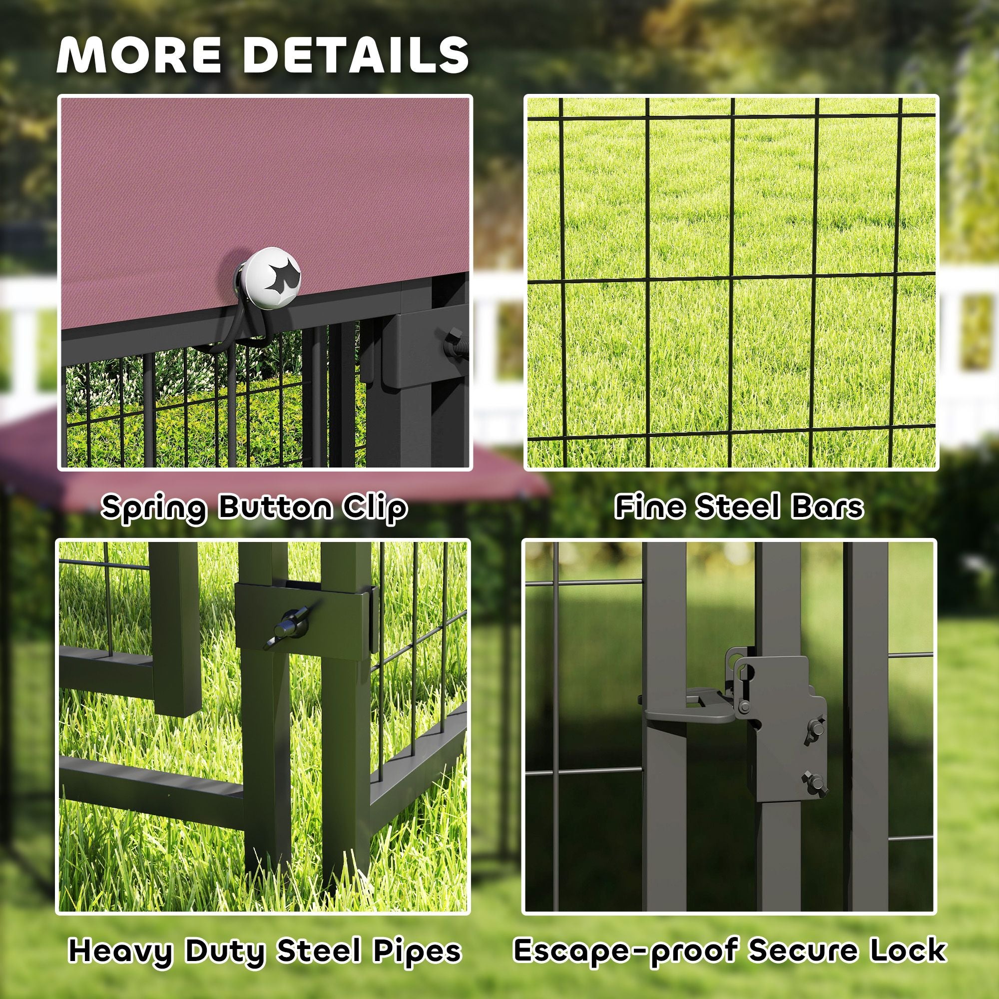 Welded Wire Outdoor Dog Kennel with 360° Rotating & 4 Levels Adjustable Bowls, water-ready Cover, 4.6