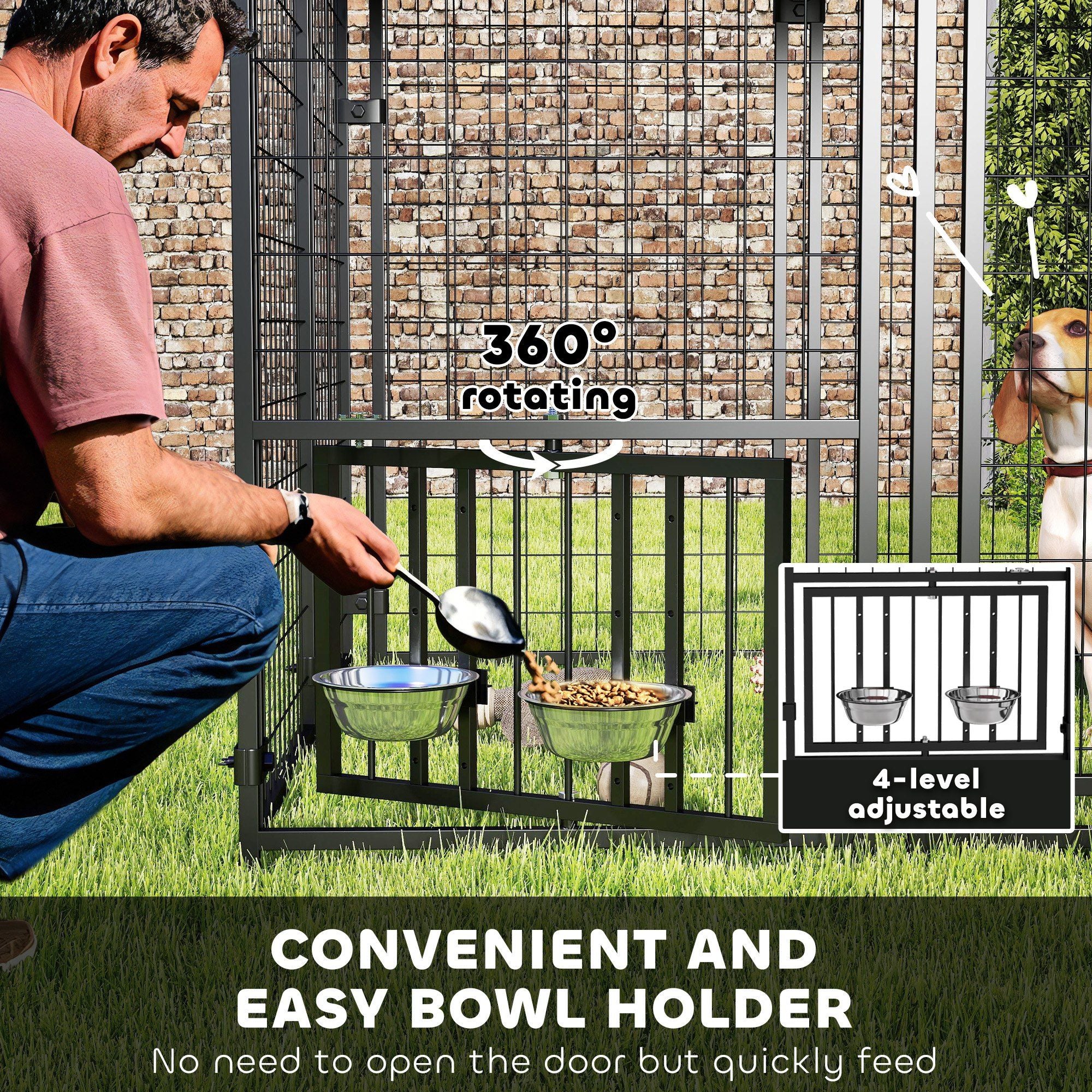 Welded Wire Outdoor Dog Kennel with 360° Rotating & 4 Levels Adjustable Bowls, water-ready Cover, 4.6