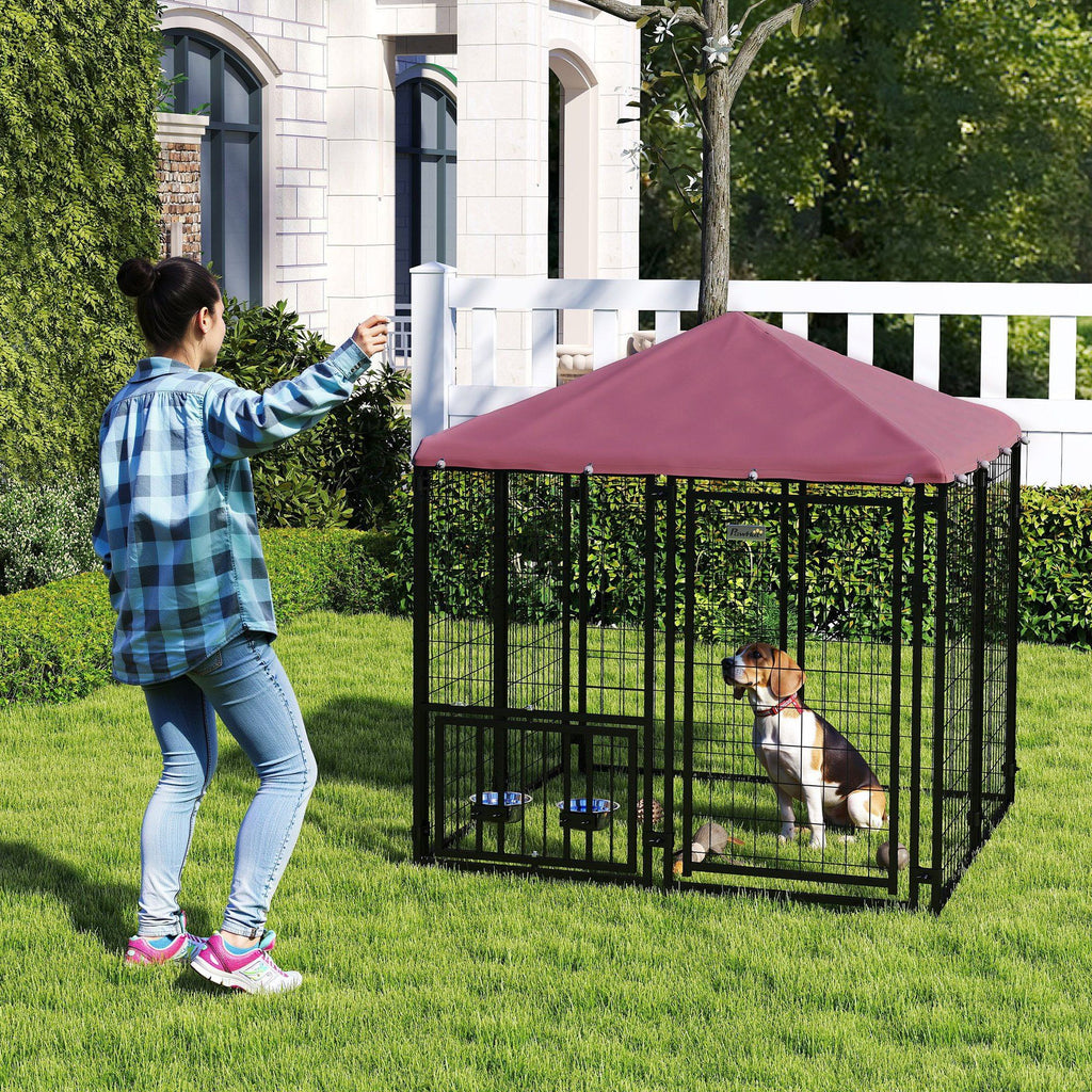 Welded Wire Outdoor Dog Kennel with 360° Rotating & 4 Levels Adjustable Bowls, water-ready Cover, 4.6