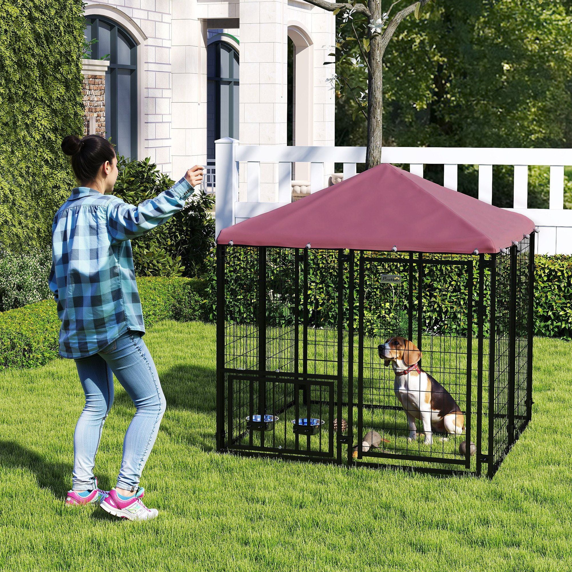 Welded Wire Outdoor Dog Kennel with 360° Rotating & 4 Levels Adjustable Bowls, water-ready Cover, 4.6