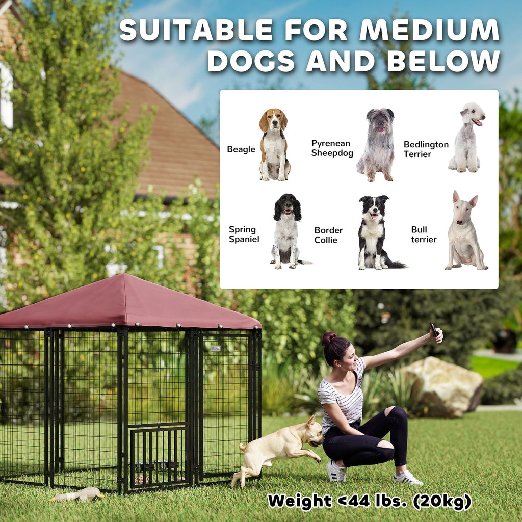 Welded Wire Outdoor Dog Kennel with 360° Rotating & 4 Levels Adjustable Bowls, water-ready Cover, 4.6