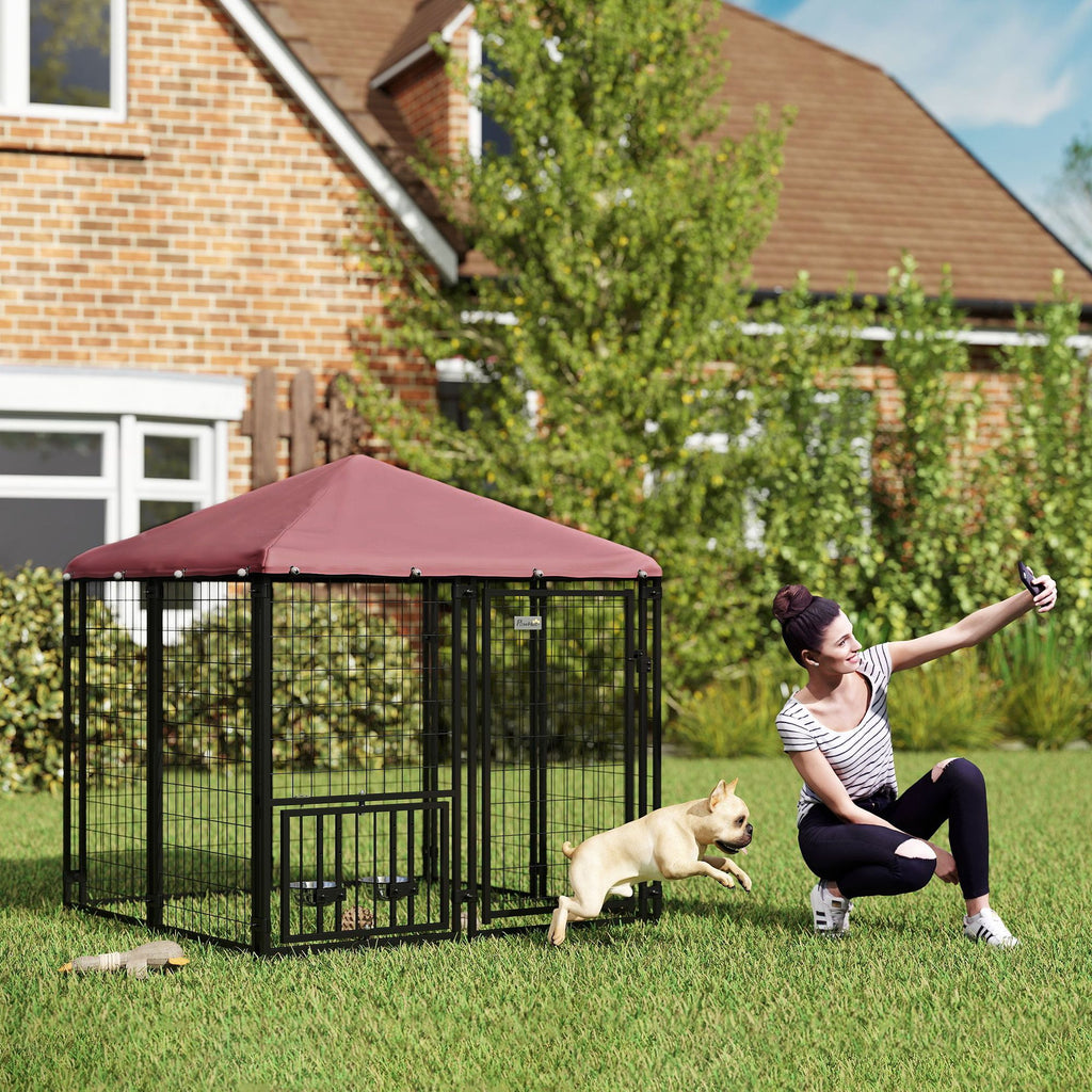 Welded Wire Outdoor Dog Kennel with 360° Rotating & 4 Levels Adjustable Bowls, water-ready Cover, 4.6