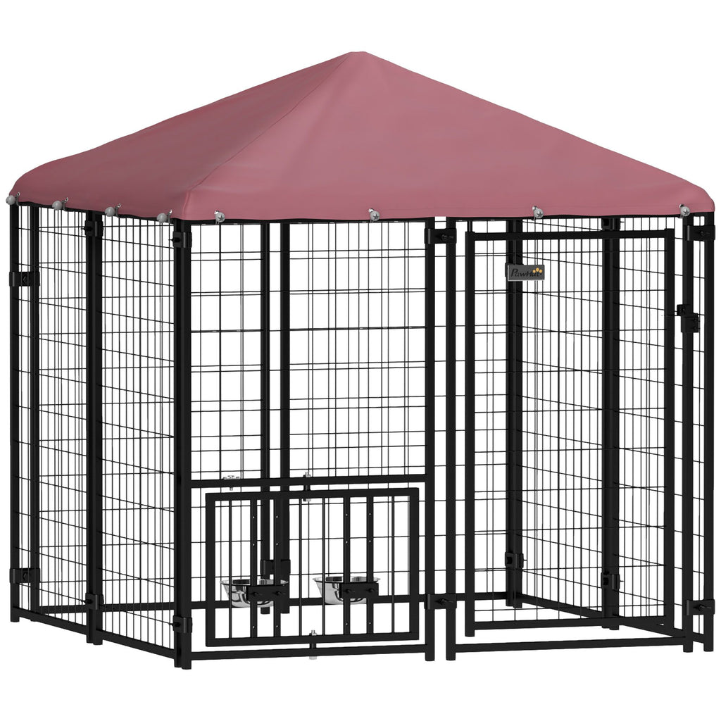 Welded Wire Outdoor Dog Kennel with 360° Rotating & 4 Levels Adjustable Bowls, water-ready Cover, 4.6