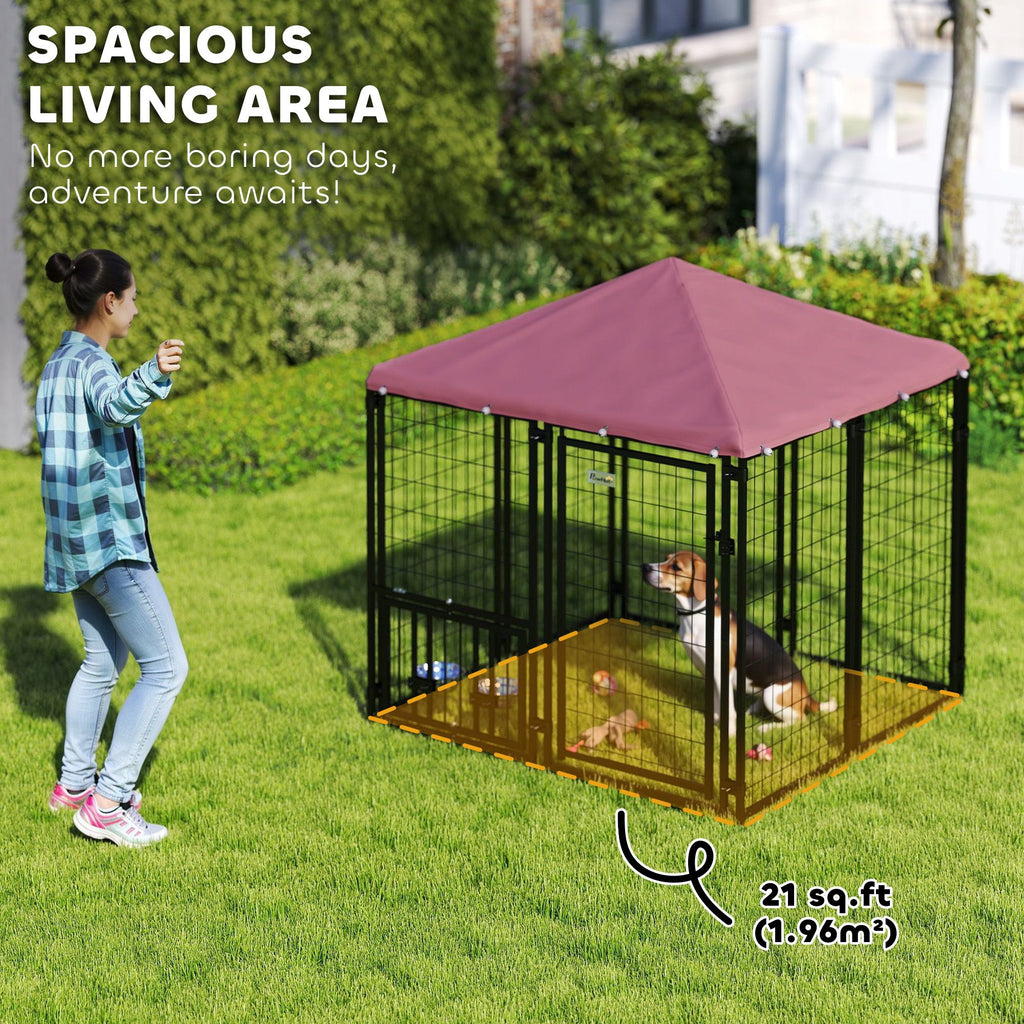 Welded Wire Outdoor Dog Kennel with 360° Rotating & 4 Levels Adjustable Bowls, water-ready Cover, 4.6