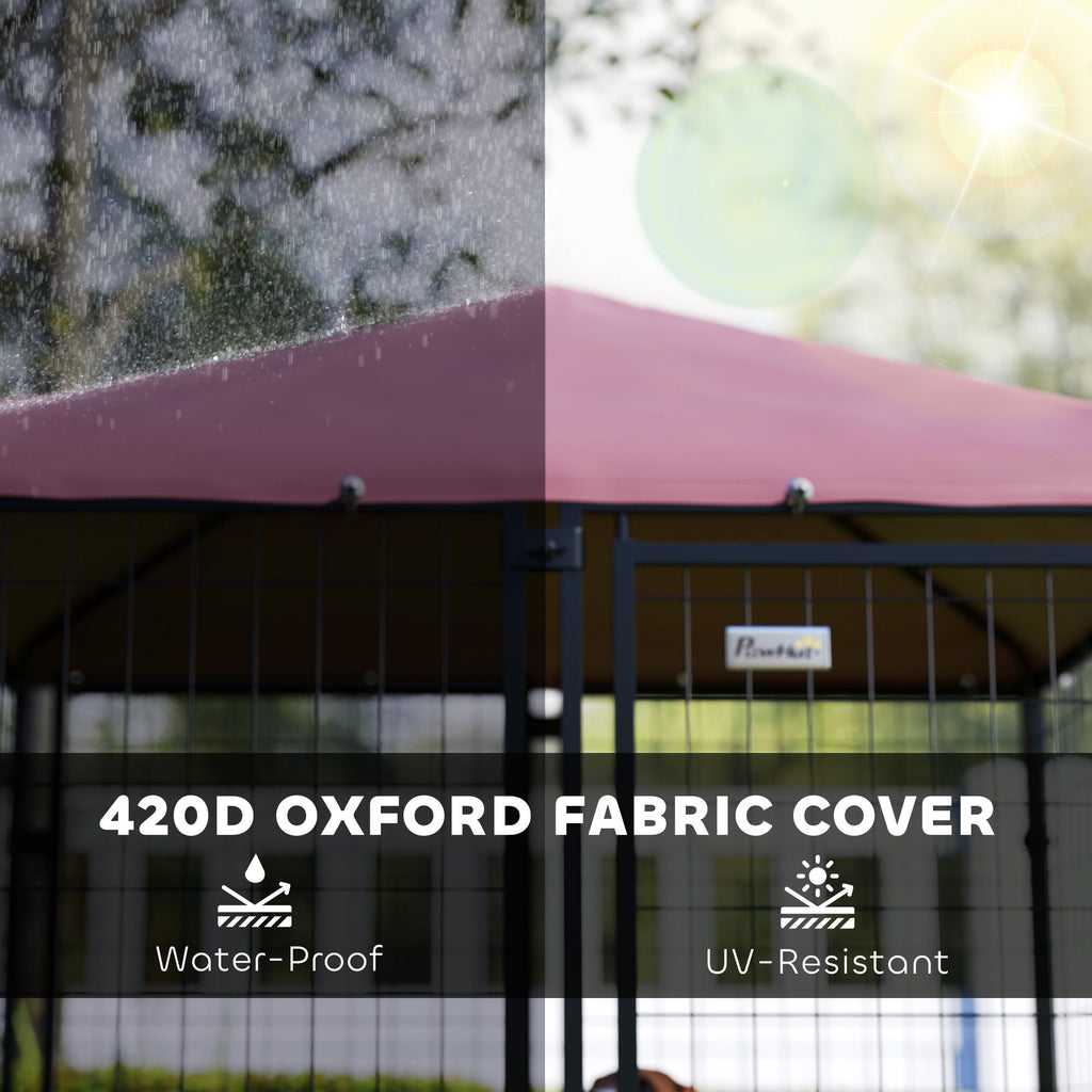 Welded Wire Outdoor Dog Kennel with 360° Rotating & 4 Levels Adjustable Bowls, water-ready Cover, 4.6