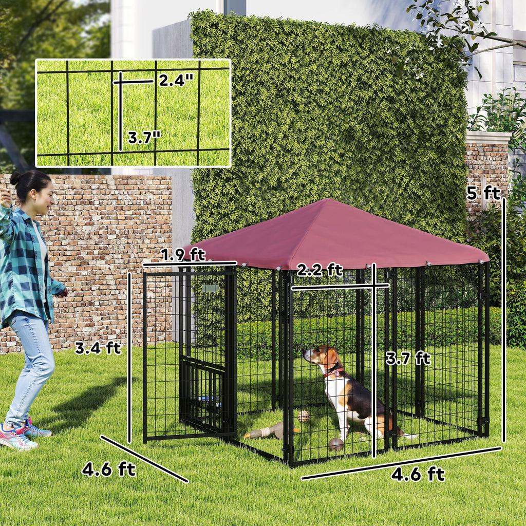 Welded Wire Outdoor Dog Kennel with 360° Rotating & 4 Levels Adjustable Bowls, water-ready Cover, 4.6