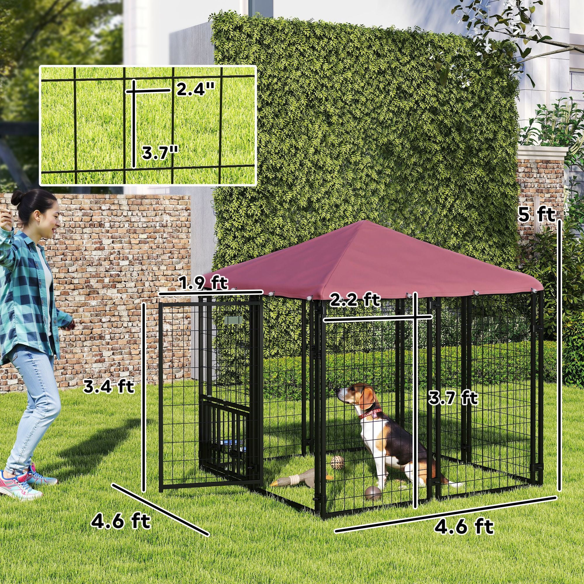 Welded Wire Outdoor Dog Kennel with 360° Rotating & 4 Levels Adjustable Bowls, water-ready Cover, 4.6