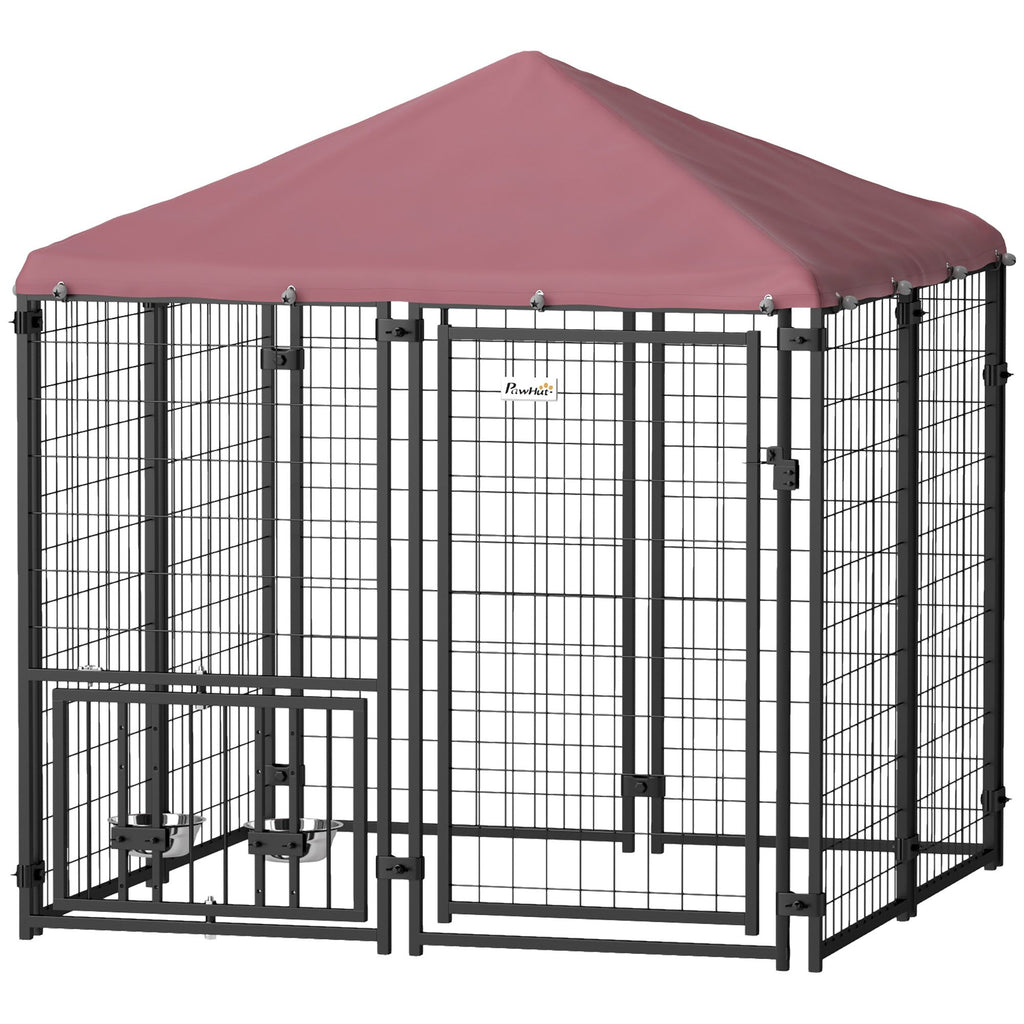 Welded Wire Outdoor Dog Kennel with 360° Rotating & 4 Levels Adjustable Bowls, water-ready Cover, 4.6
