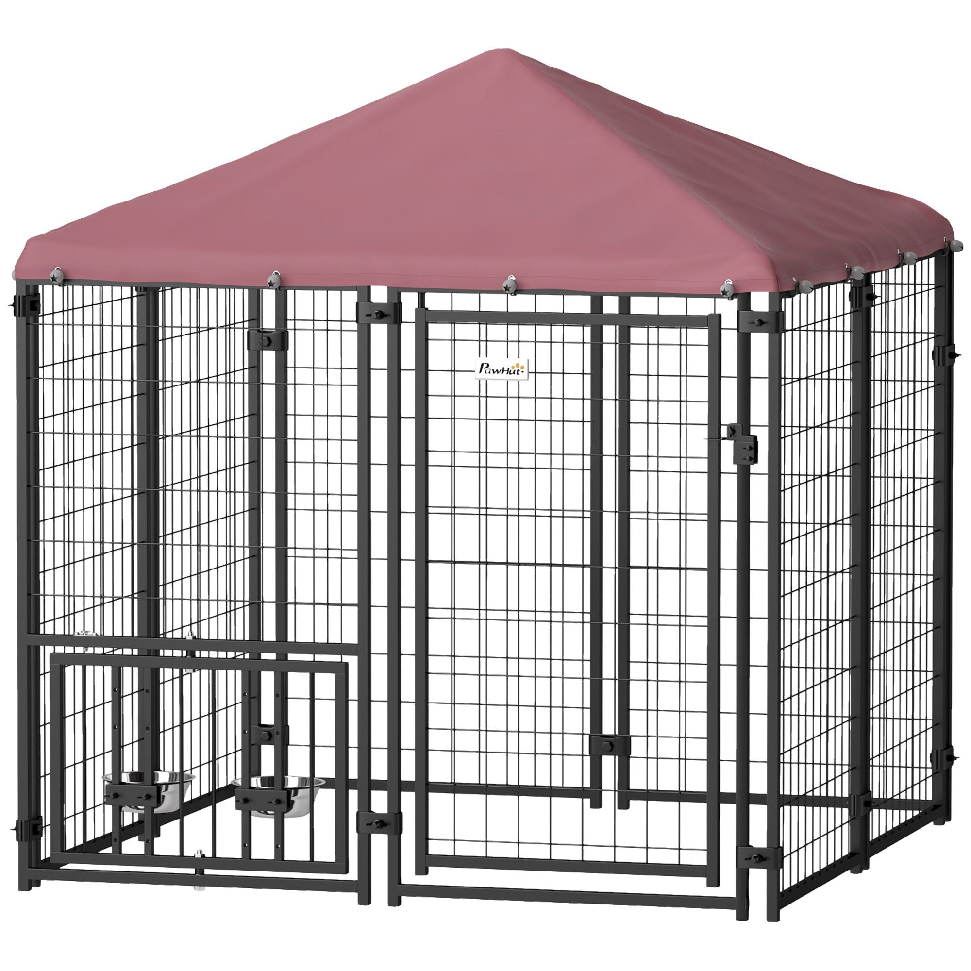 Welded Wire Outdoor Dog Kennel with 360° Rotating & 4 Levels Adjustable Bowls, water-ready Cover, 4.6