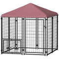 Welded Wire Outdoor Dog Kennel with 360° Rotating & 4 Levels Adjustable Bowls, water-ready Cover, 4.6
