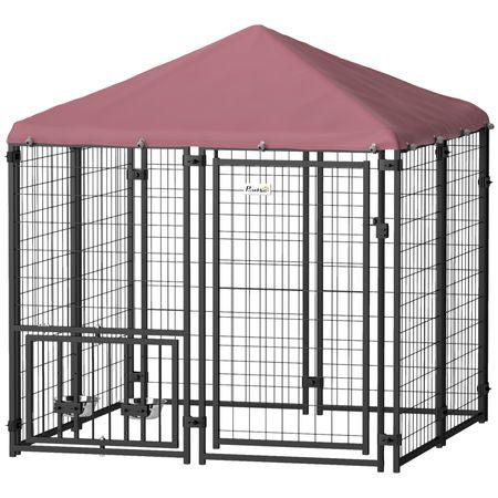 Welded Wire Outdoor Dog Kennel with 360° Rotating & 4 Levels Adjustable Bowls, water-ready Cover, 4.6