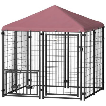 Welded Wire Outdoor Dog Kennel with 360° Rotating & 4 Levels Adjustable Bowls, water-ready Cover, 4.6
