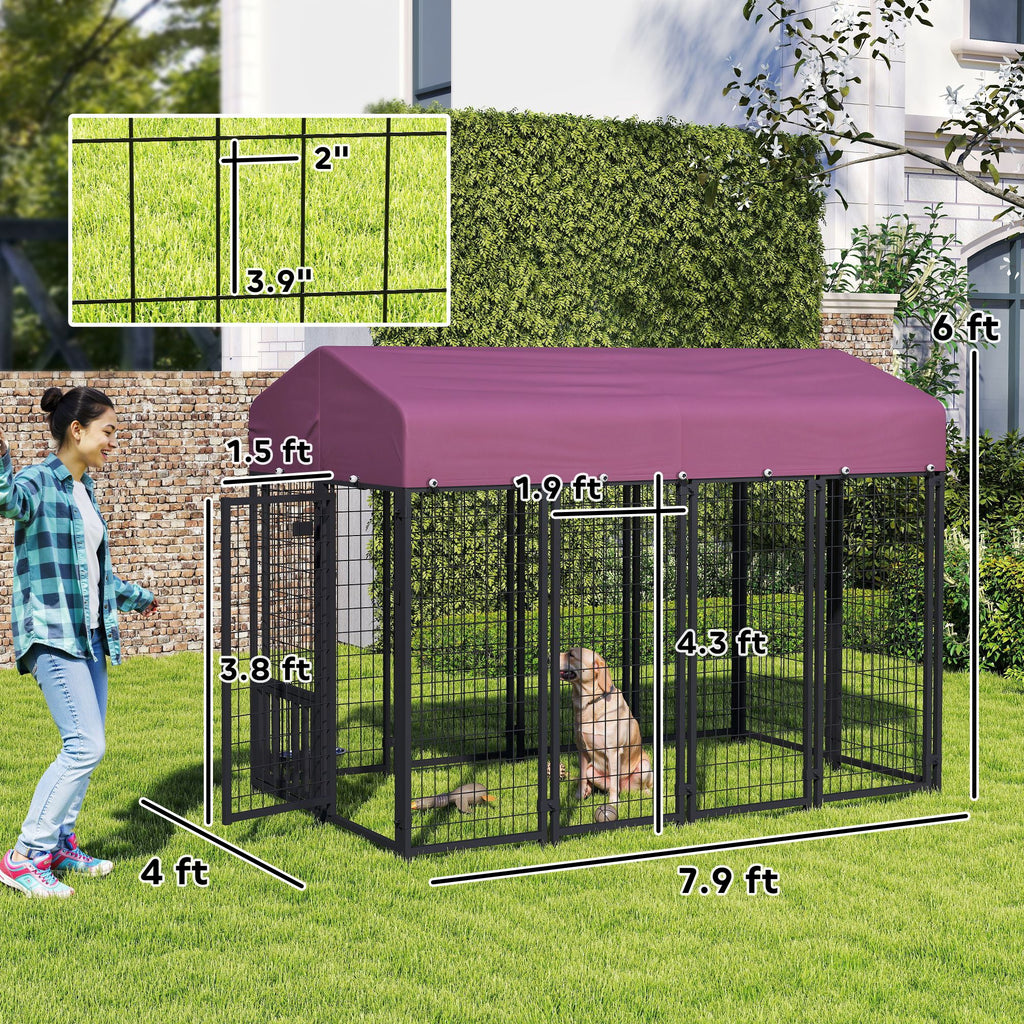 Welded Wire Outdoor Dog Kennel with 360° Rotating & 4 Levels Adjustable Bowls, water-ready Cover, 7.9