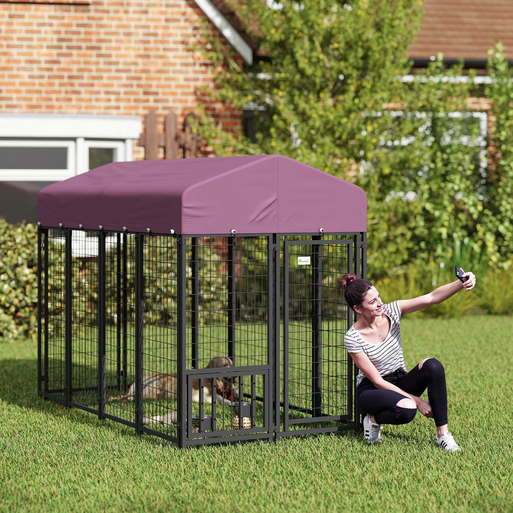 Welded Wire Outdoor Dog Kennel with 360° Rotating & 4 Levels Adjustable Bowls, water-ready Cover, 7.9