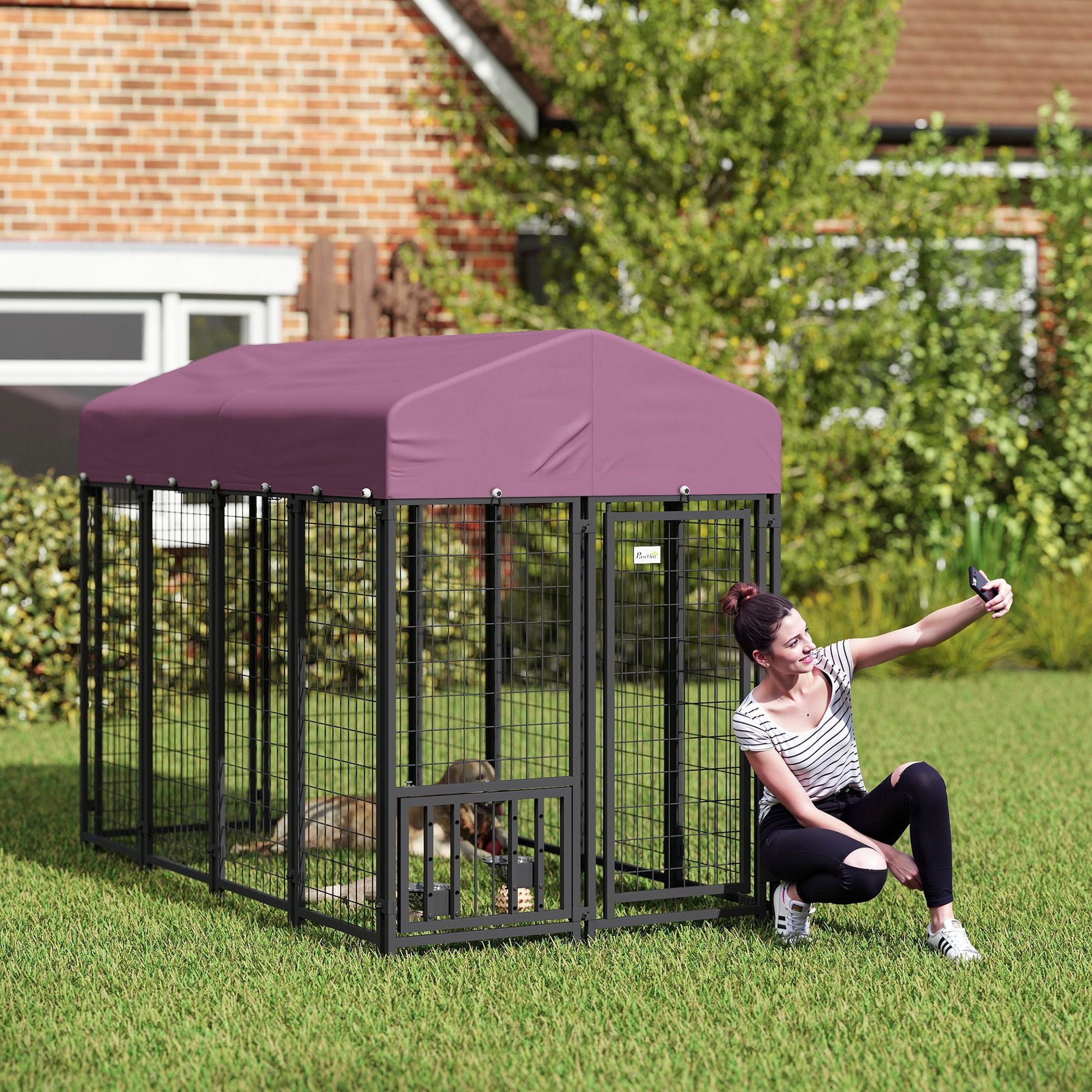 Welded Wire Outdoor Dog Kennel with 360° Rotating & 4 Levels Adjustable Bowls, water-ready Cover, 7.9