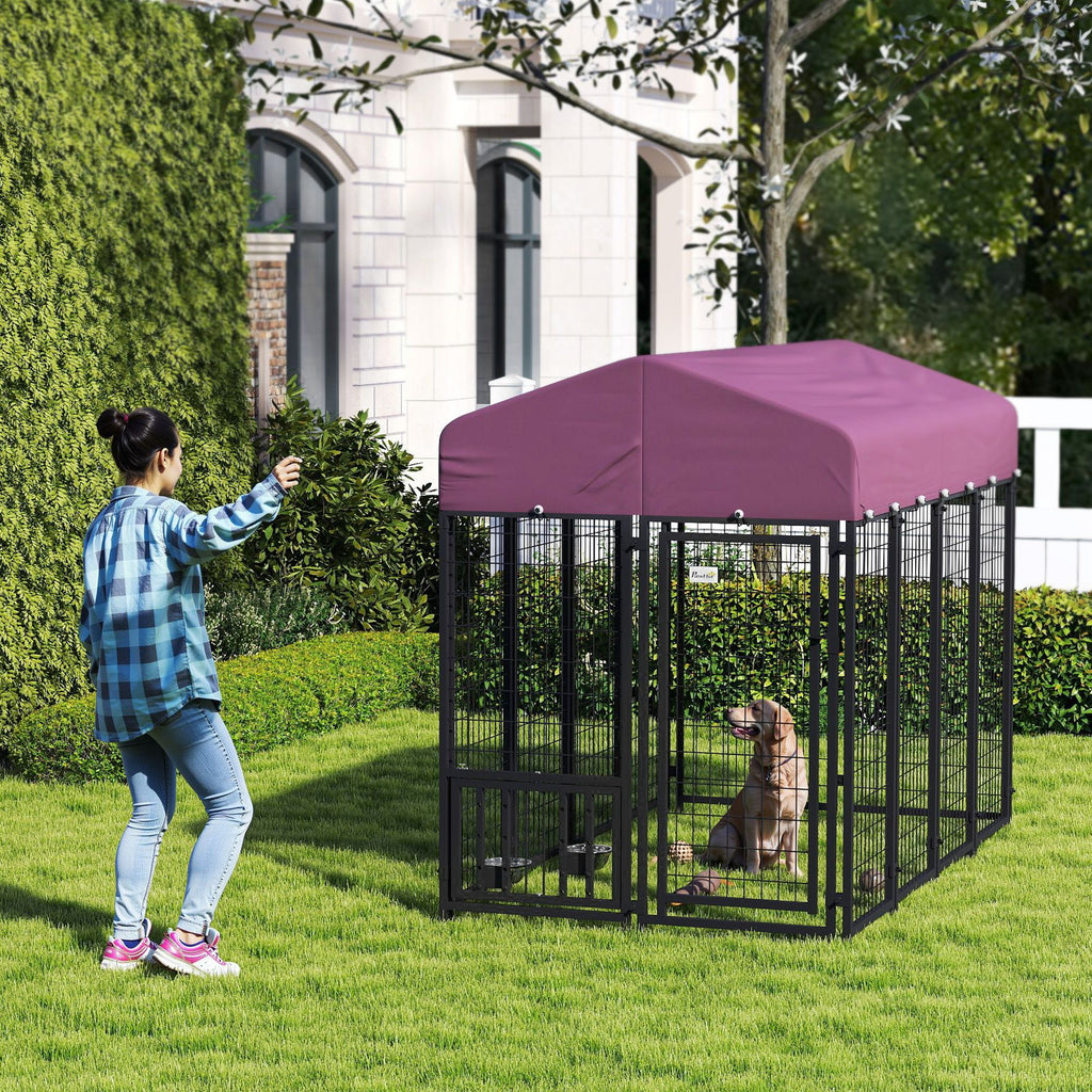Welded Wire Outdoor Dog Kennel with 360° Rotating & 4 Levels Adjustable Bowls, water-ready Cover, 7.9