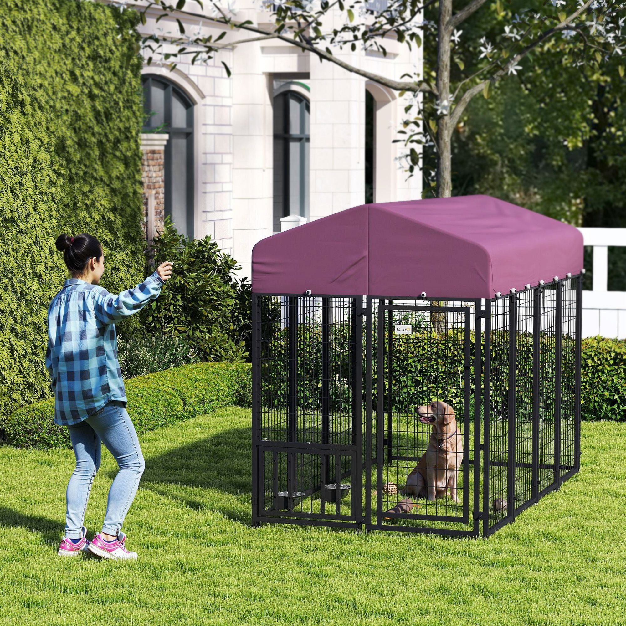 Welded Wire Outdoor Dog Kennel with 360° Rotating & 4 Levels Adjustable Bowls, water-ready Cover, 7.9
